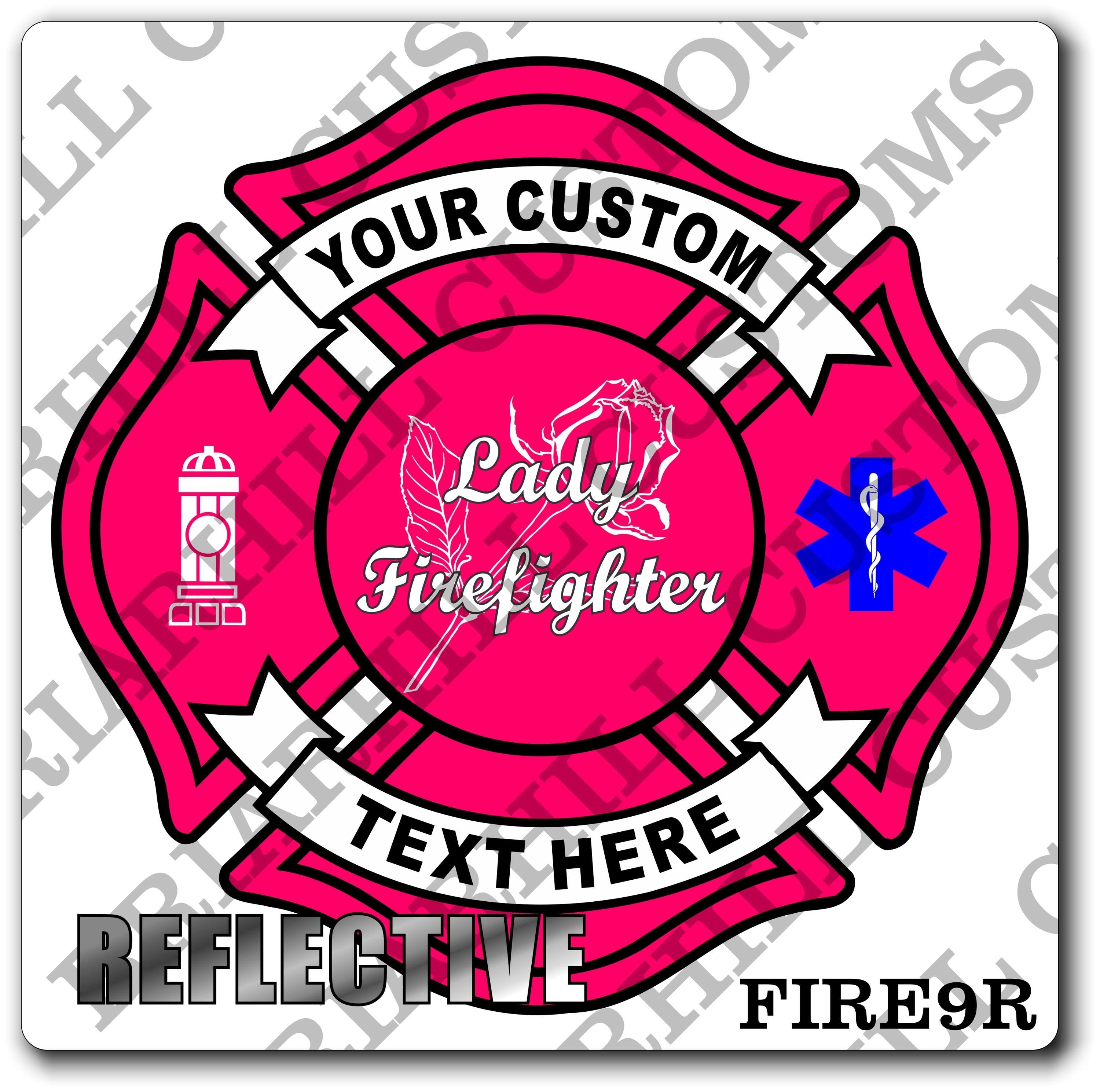 Custom Reflective Fire Department Pink Maltese Rose Lady Firefighter Decal, Sticker (FireDecal9R)