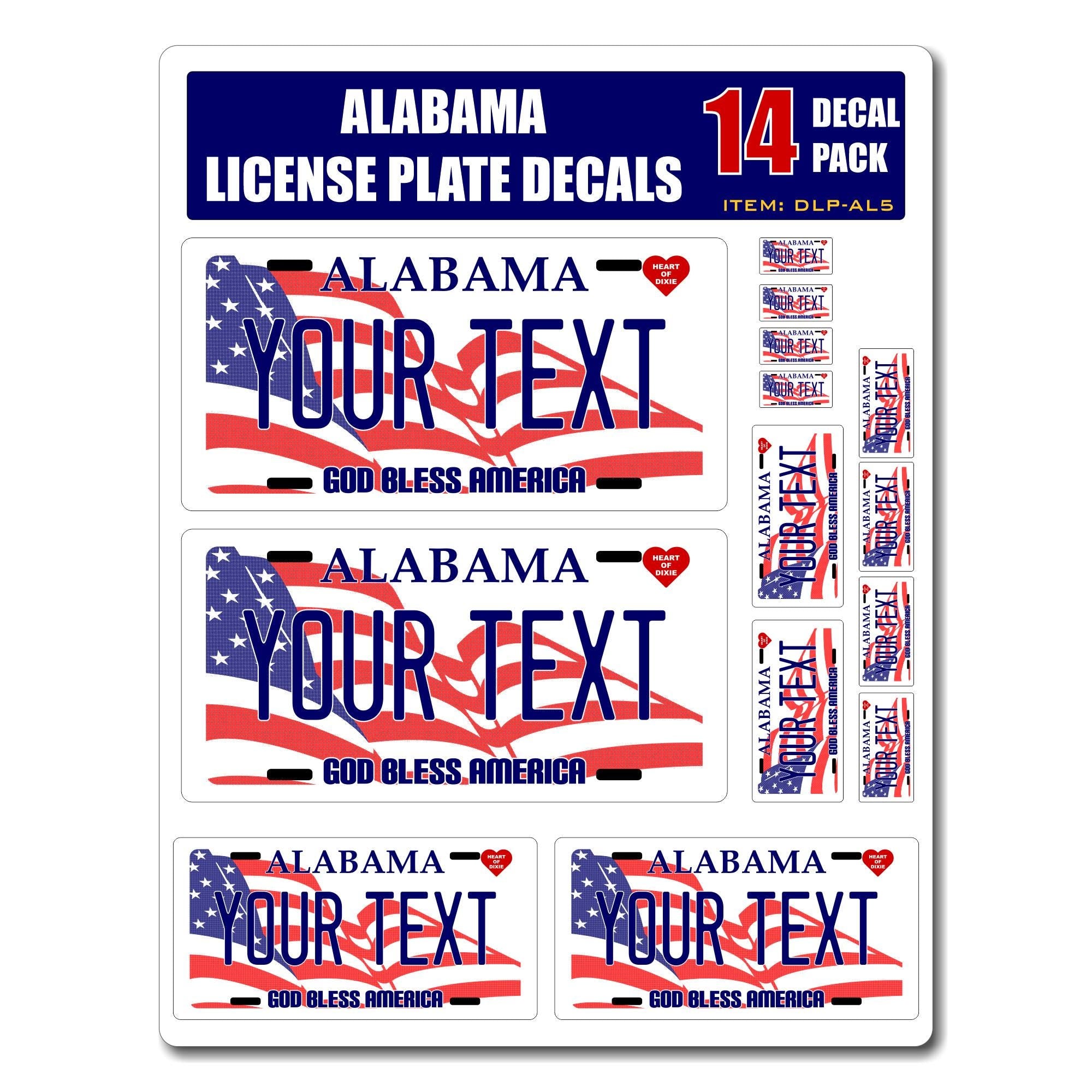 Personalized Alabama License Plate Decals - Stickers Version 5 ( Sheet of 14 Stickers )
