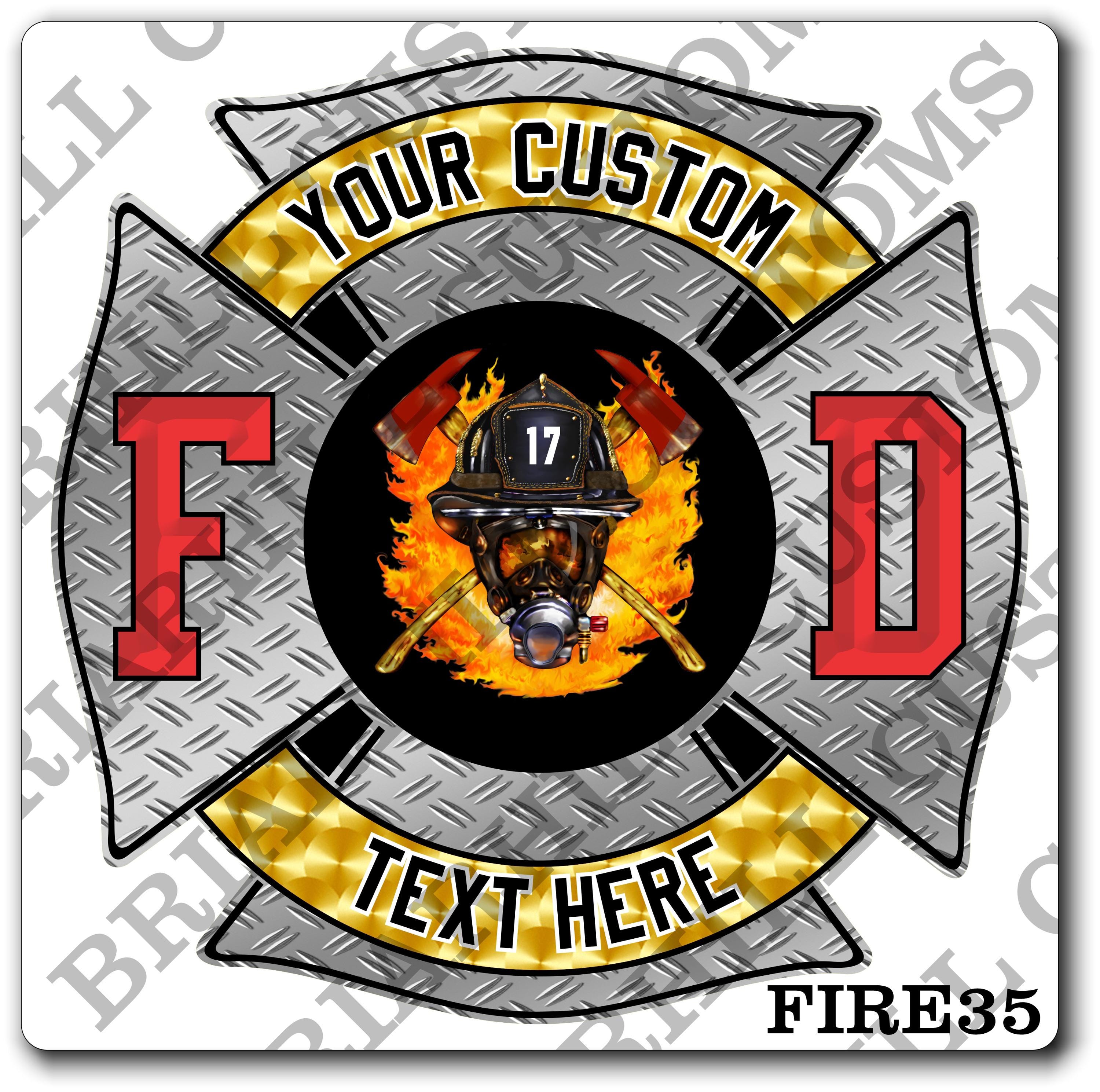 Custom Fire Department Flames Helmet & Axes Diamond Plate Maltese Decal, Sticker (FireDecal35)