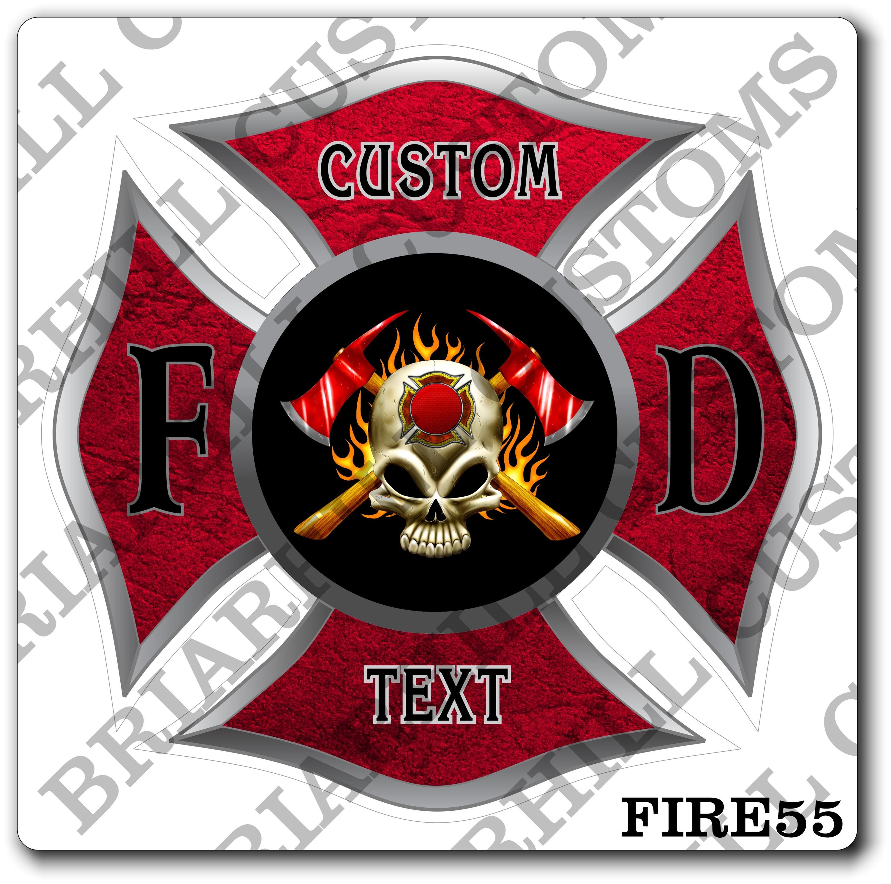 Custom Fire Department Red with Skull, Flames and Axes Maltese Decal, Sticker (FireDecal55)