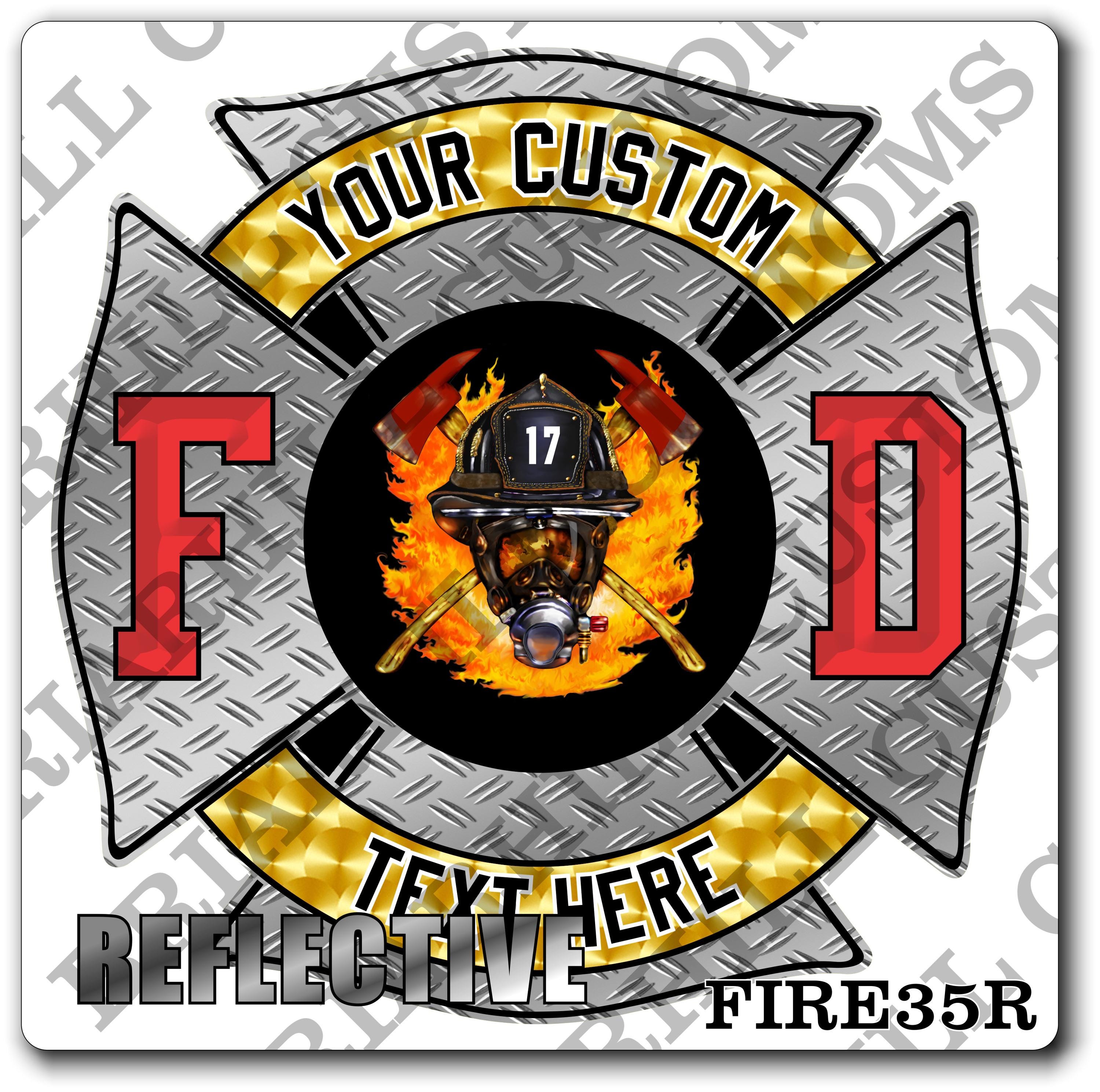 Custom Reflective Fire Department Flames Helmet & Axes Diamond Plate Maltese Decal, Sticker (FireDecal35R)