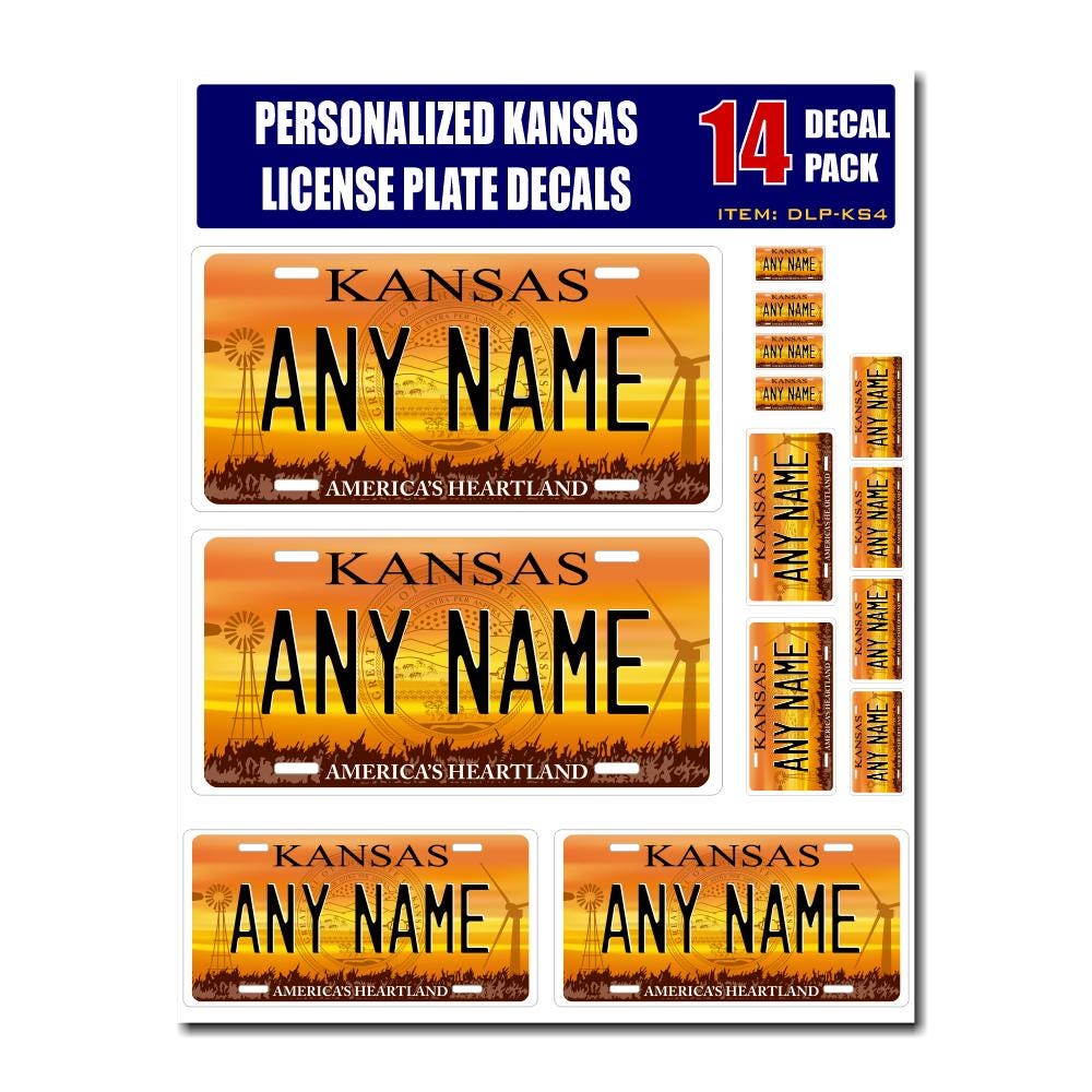 Personalized Kansas License Plate Decals - Stickers Version 4 ( Sheet of 14 Stickers )