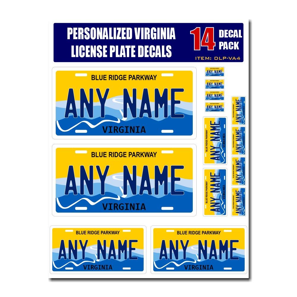 Personalized Virginia License Plate Decals - Stickers Version 4 ( Sheet of 14 Stickers )