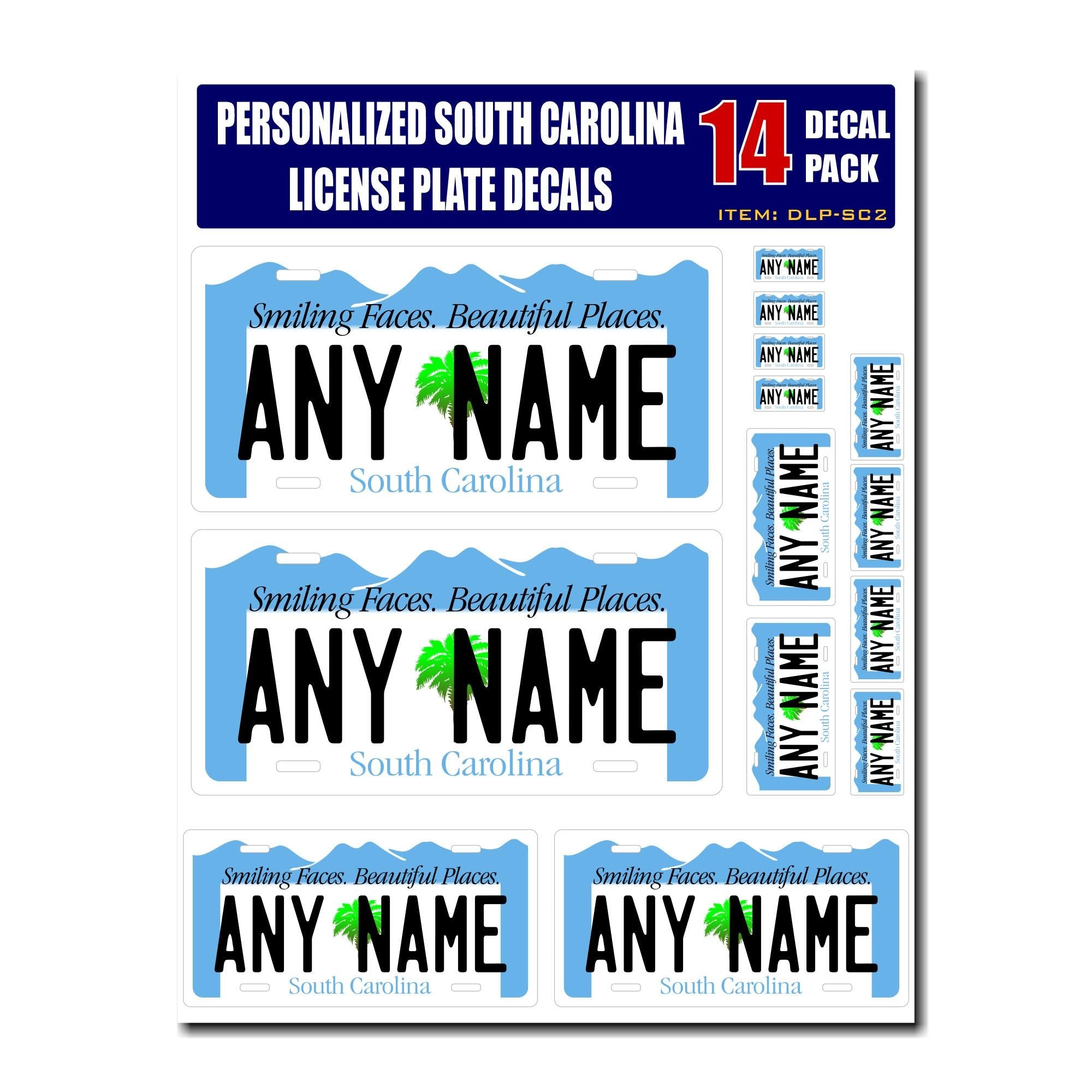 Personalized South Carolina License Plate Decals - Stickers Version 2 ( Sheet of 14 Stickers )