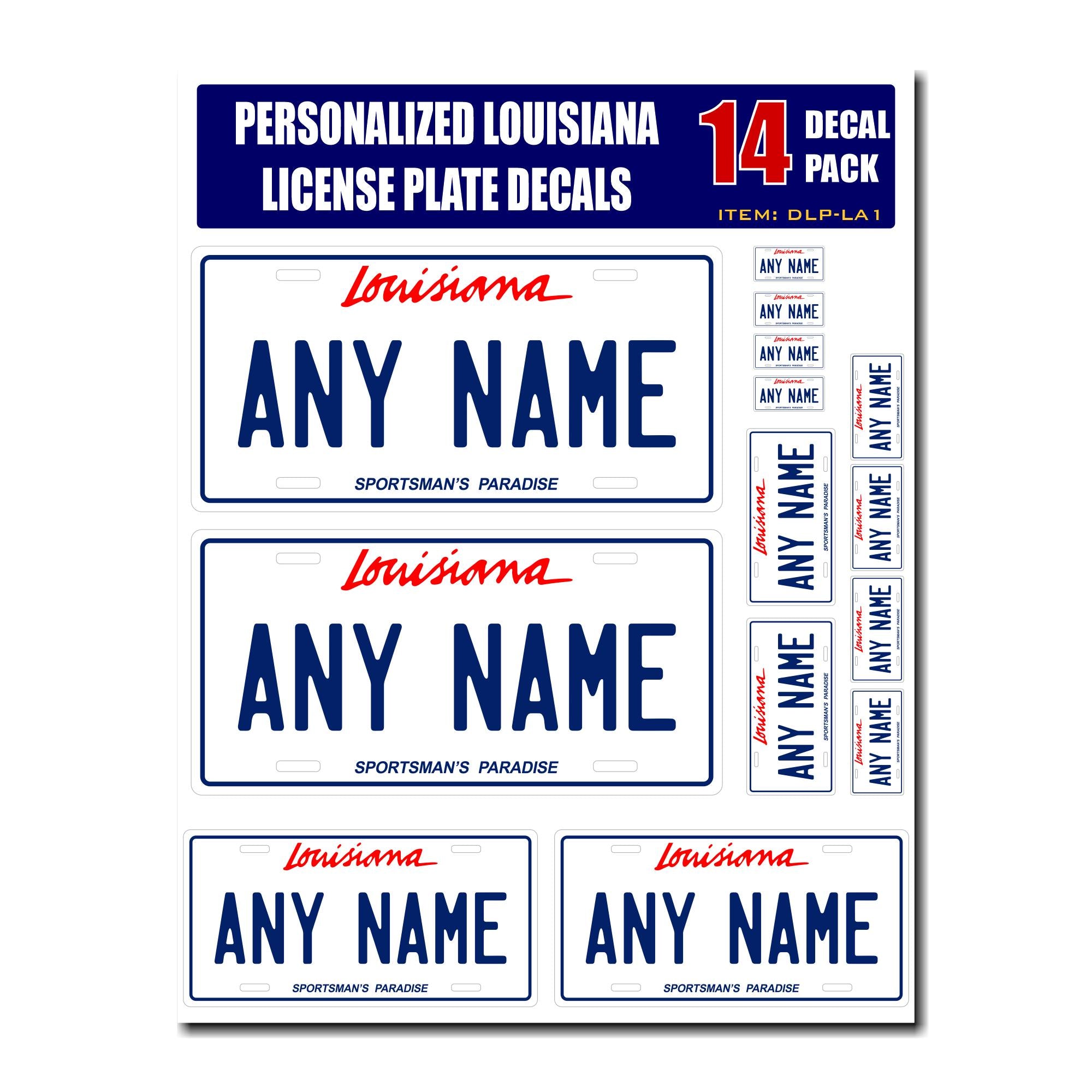 Personalized Louisiana License Plate Decals - Stickers Version 1 ( Sheet of 14 Stickers )