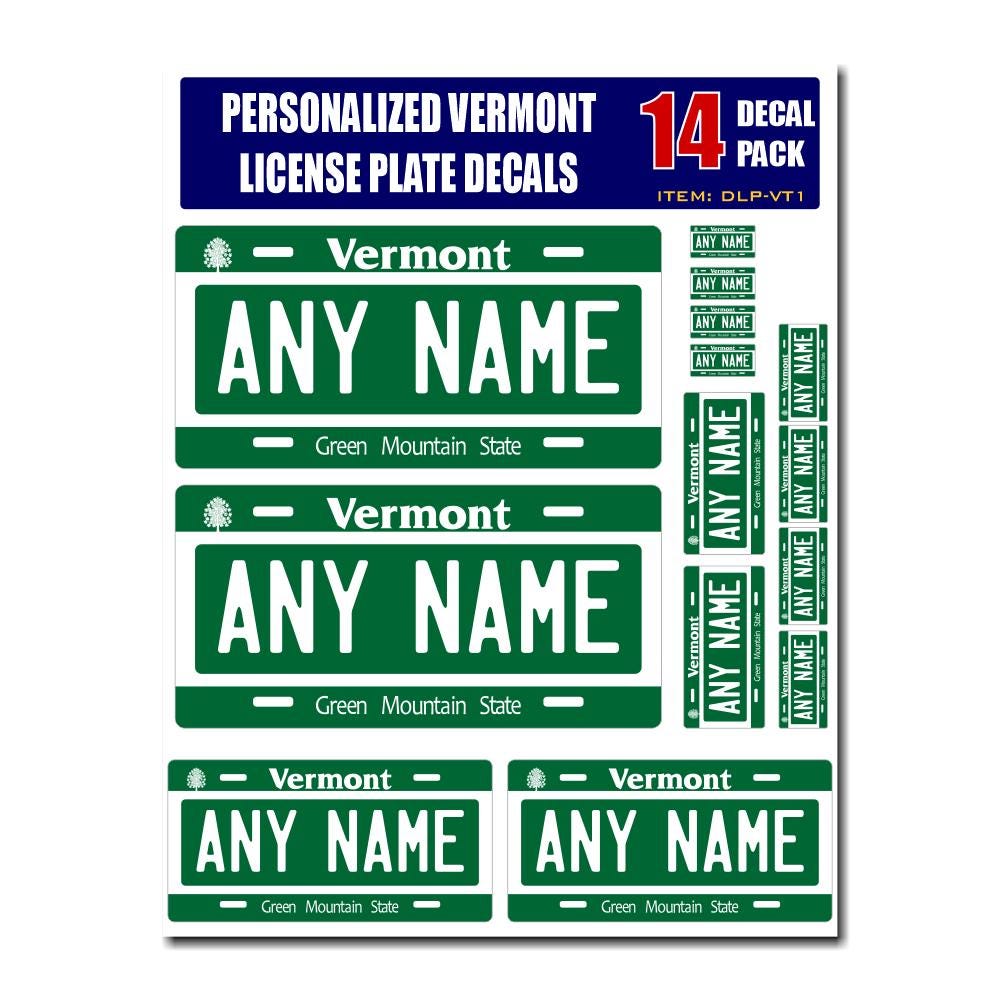 Personalized Vermont License Plate Decals - Stickers Version 1 ( Sheet of 14 Stickers )