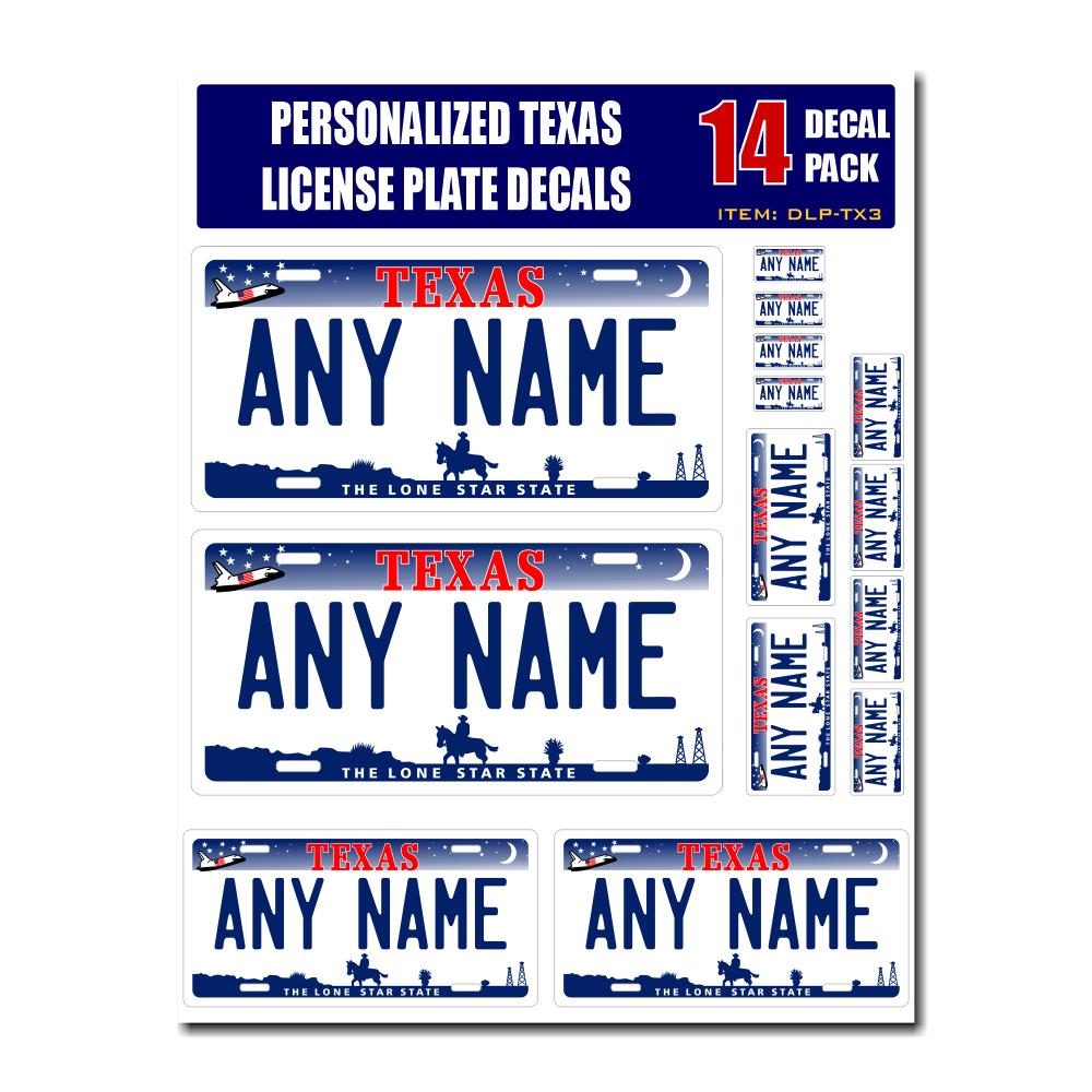 Personalized Texas License Plate Decals - Stickers Version 3 ( Sheet of 14 Stickers )