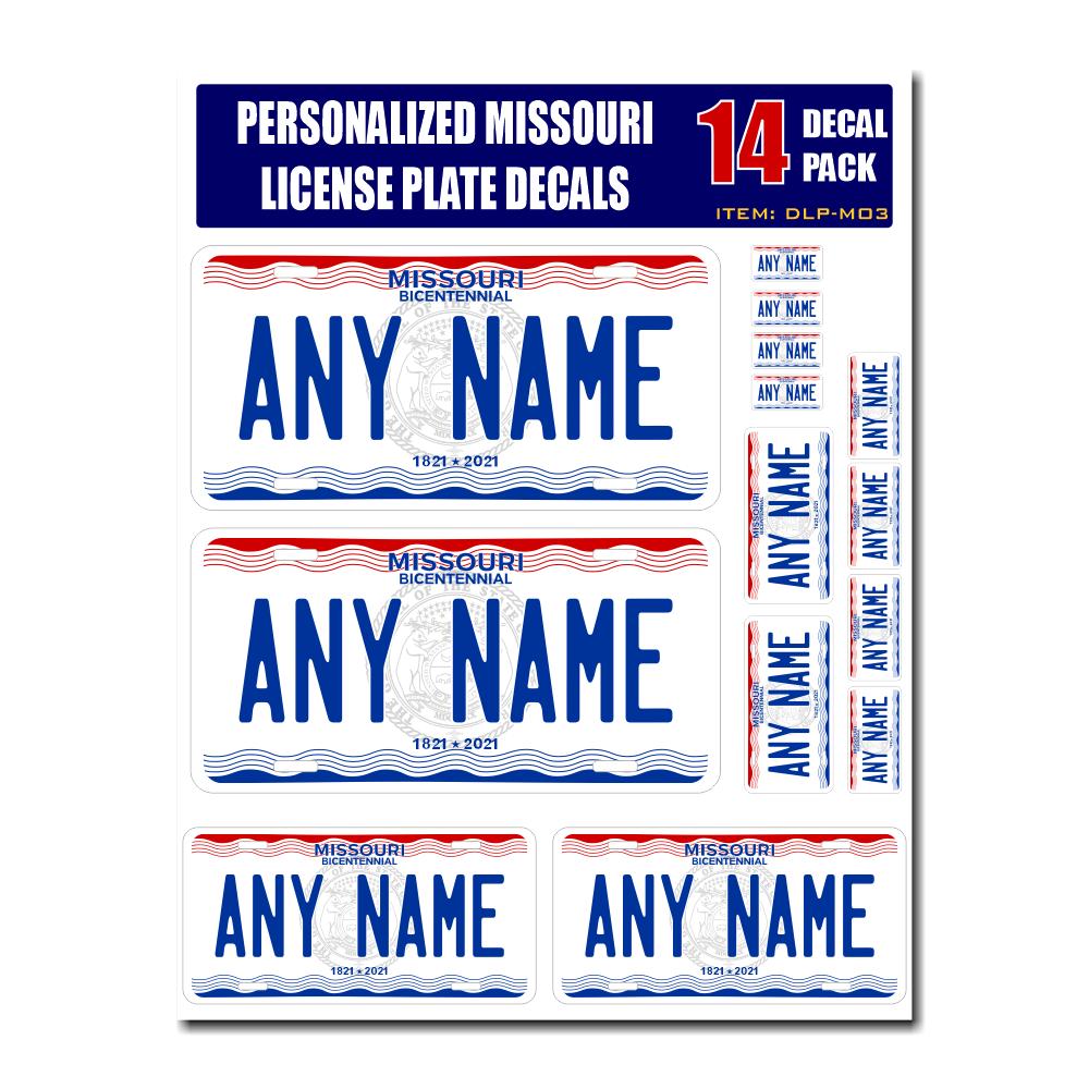 Personalized Missouri License Plate Decals - Stickers Version 3 ( Sheet of 14 Stickers )