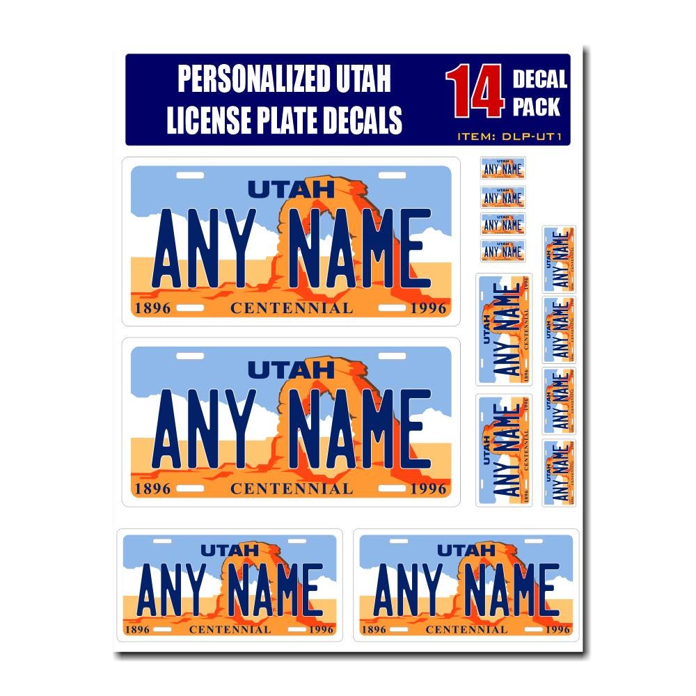 Personalized Utah License Plate Decals - Stickers Version 1 ( Sheet of 14 Stickers )