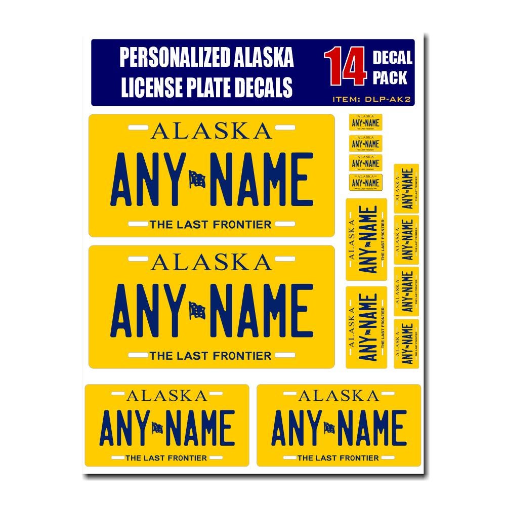Personalized Alaska License Plate Decals - Stickers Version 2 ( Sheet of 14 Stickers )