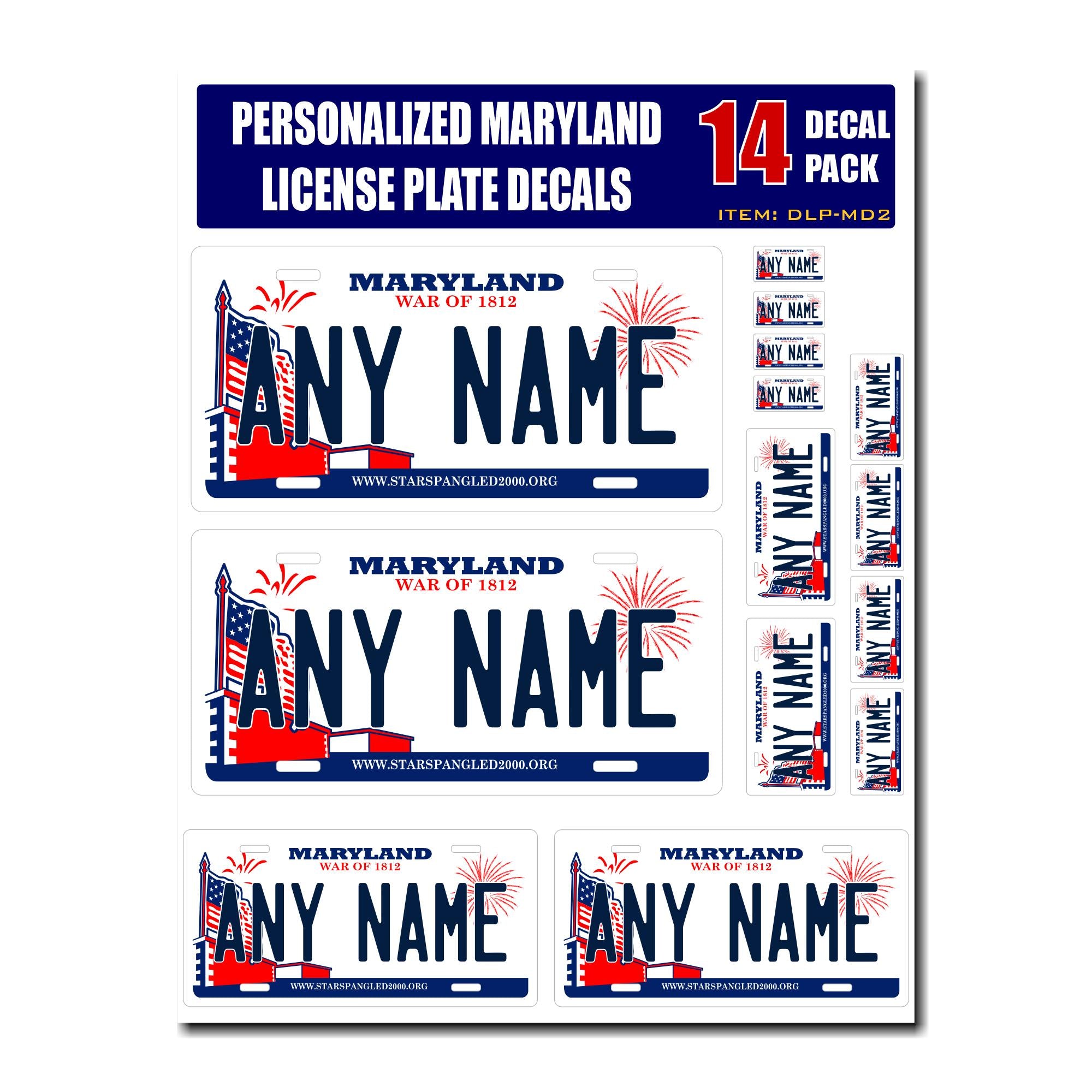 Personalized Maryland License Plate Decals - Stickers Version 2 ( Sheet of 14 Stickers )