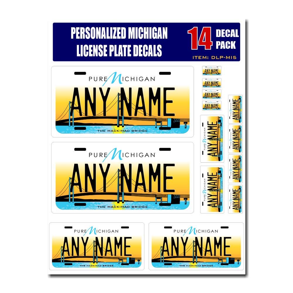 Personalized Michigan License Plate Decals - Stickers Version 5 ( Sheet of 14 Stickers )