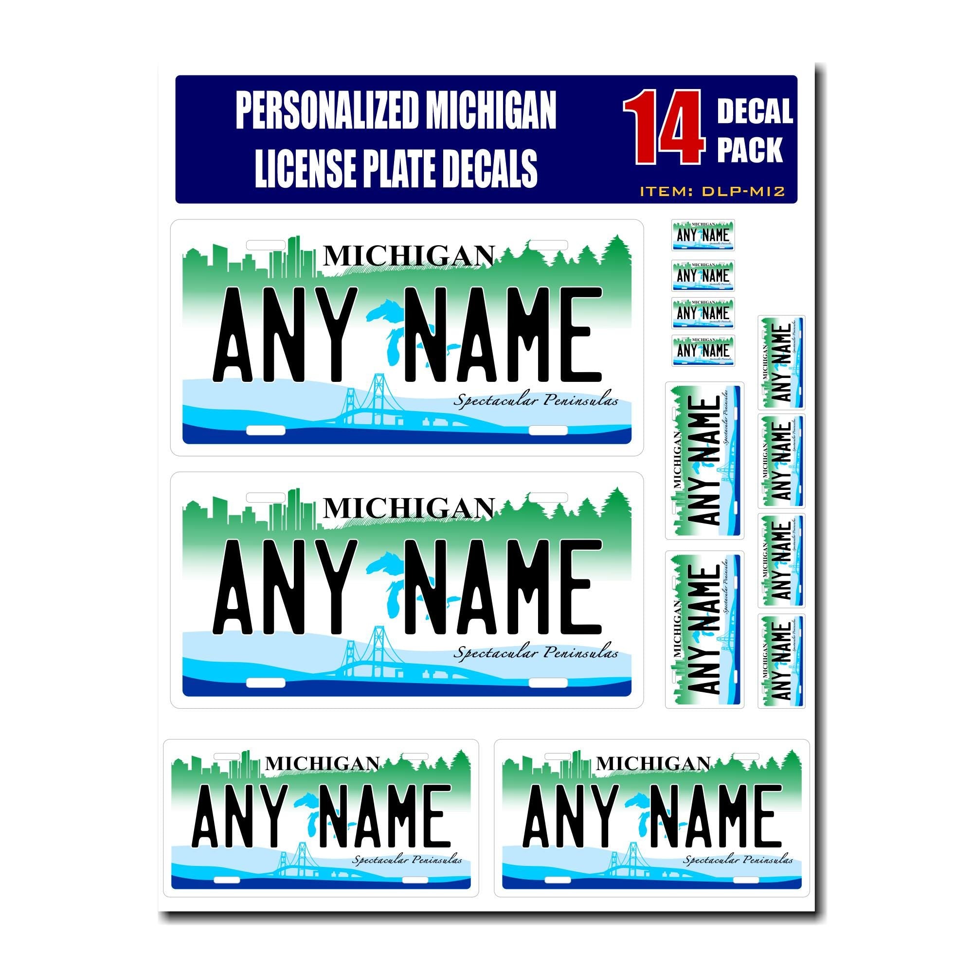 Personalized Michigan License Plate Decals - Stickers Version 2 ( Sheet of 14 Stickers )