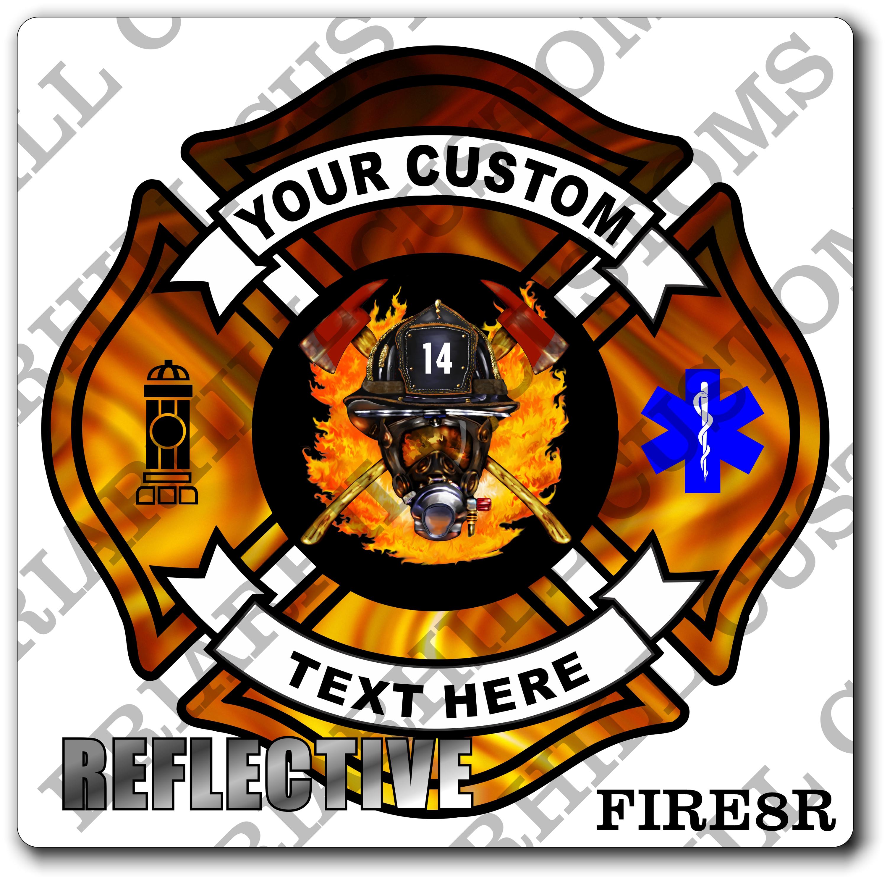 Custom Reflective Fire Department Flames Helmet & Axes Maltese Decal, Sticker (FireDecal8R)