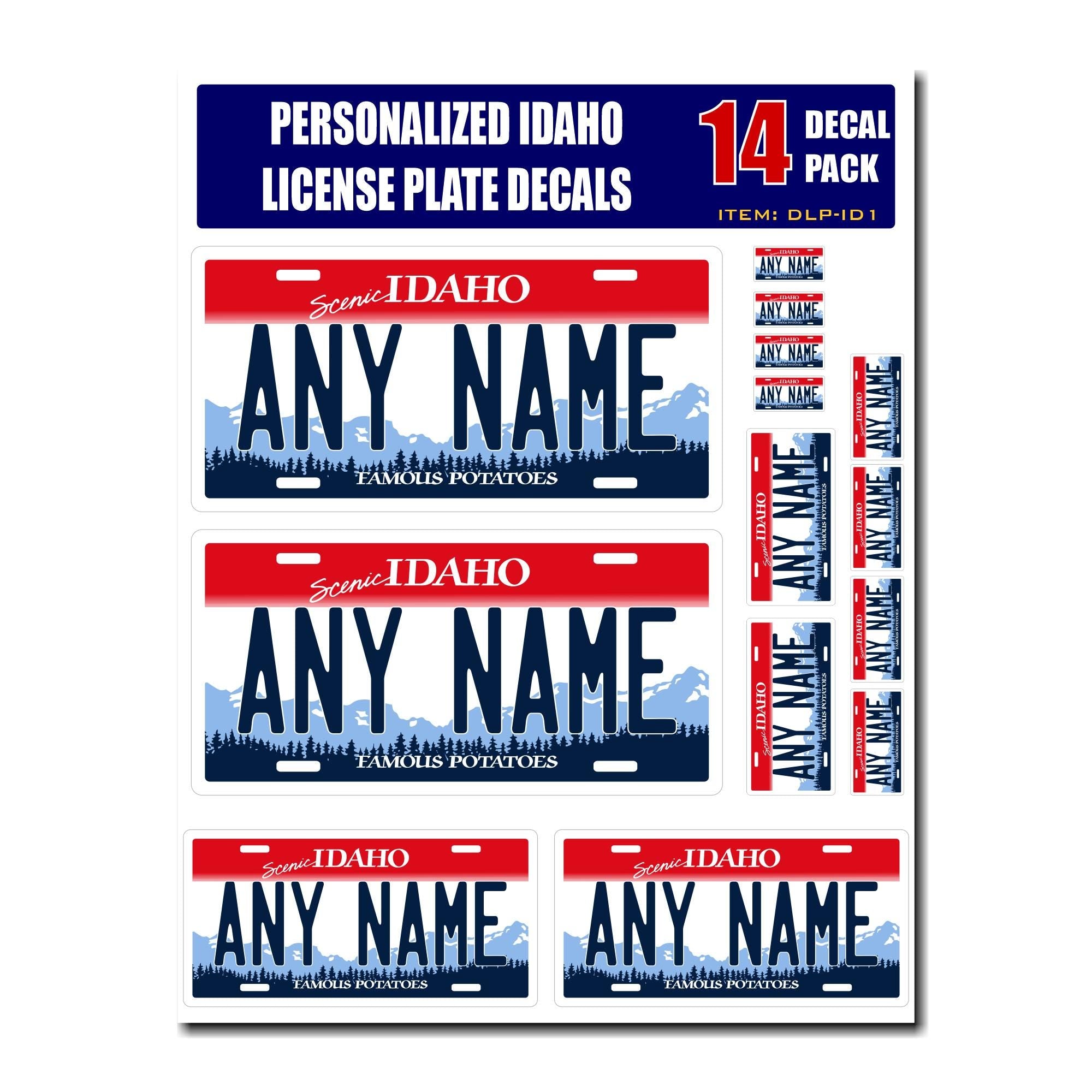 Personalized Idaho License Plate Decals - Stickers Version 1 ( Sheet of 14 Stickers )