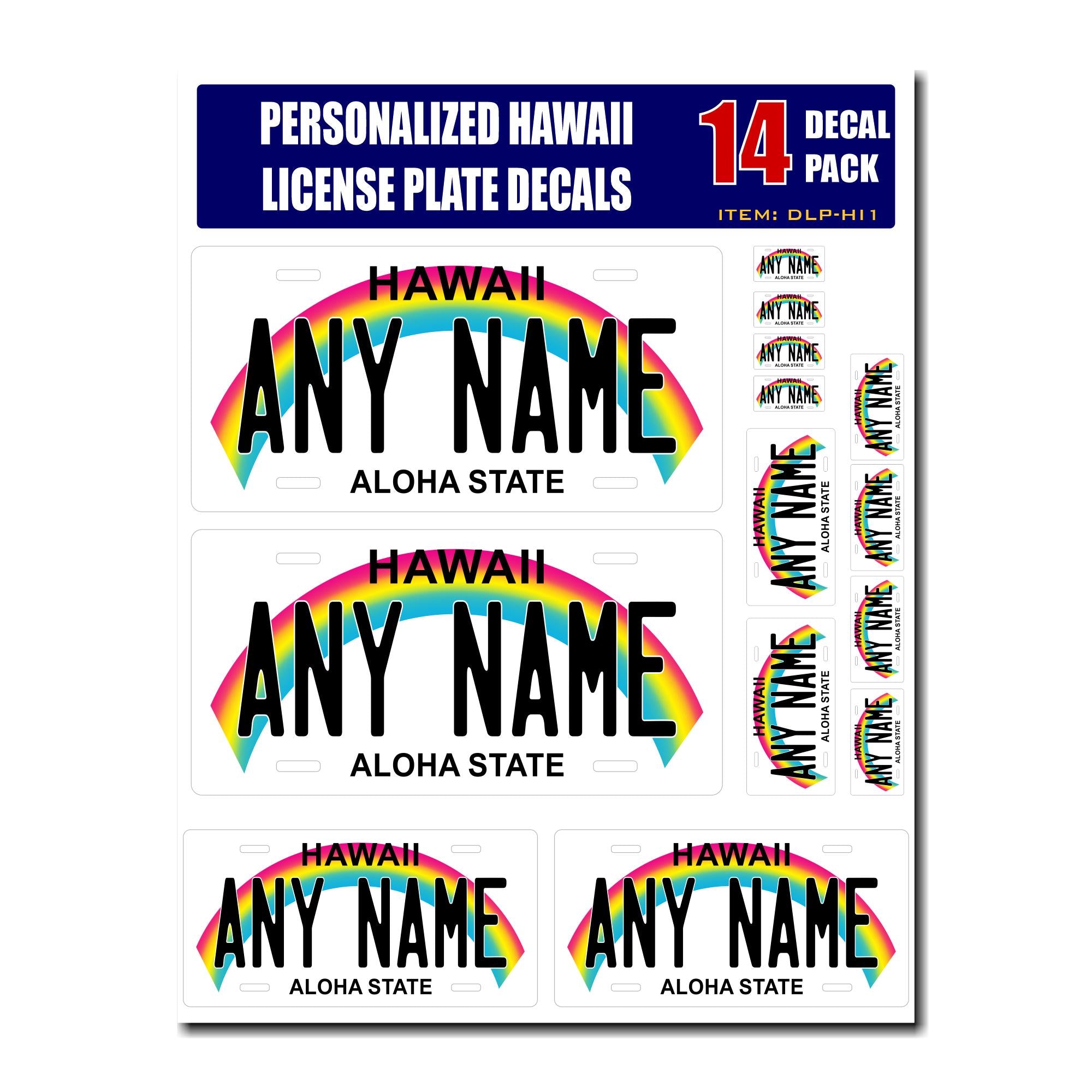 Personalized Hawaii License Plate Decals - Stickers Version 1 ( Sheet of 14 Stickers )