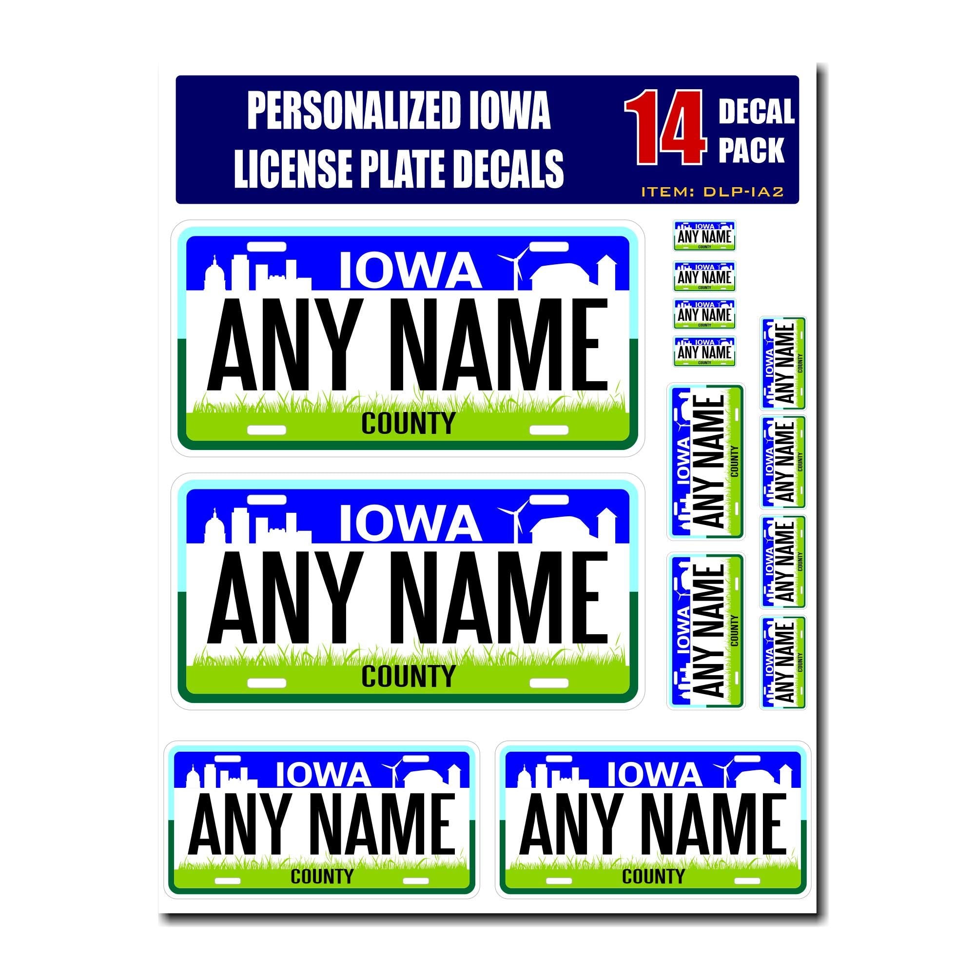 Personalized Iowa License Plate Decals - Stickers Version 2 ( Sheet of 14 Stickers )