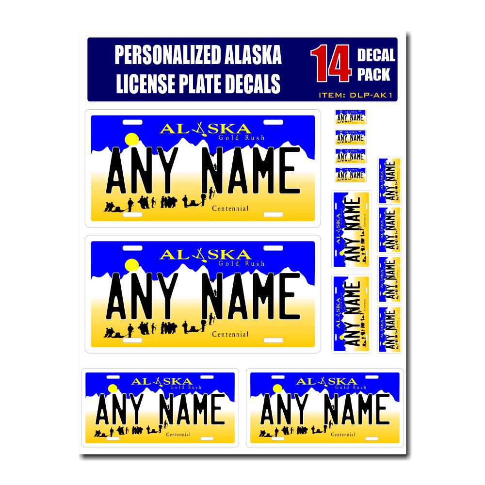 Personalized Alaska License Plate Decals - Stickers Version 1 ( Sheet of 14 Stickers )