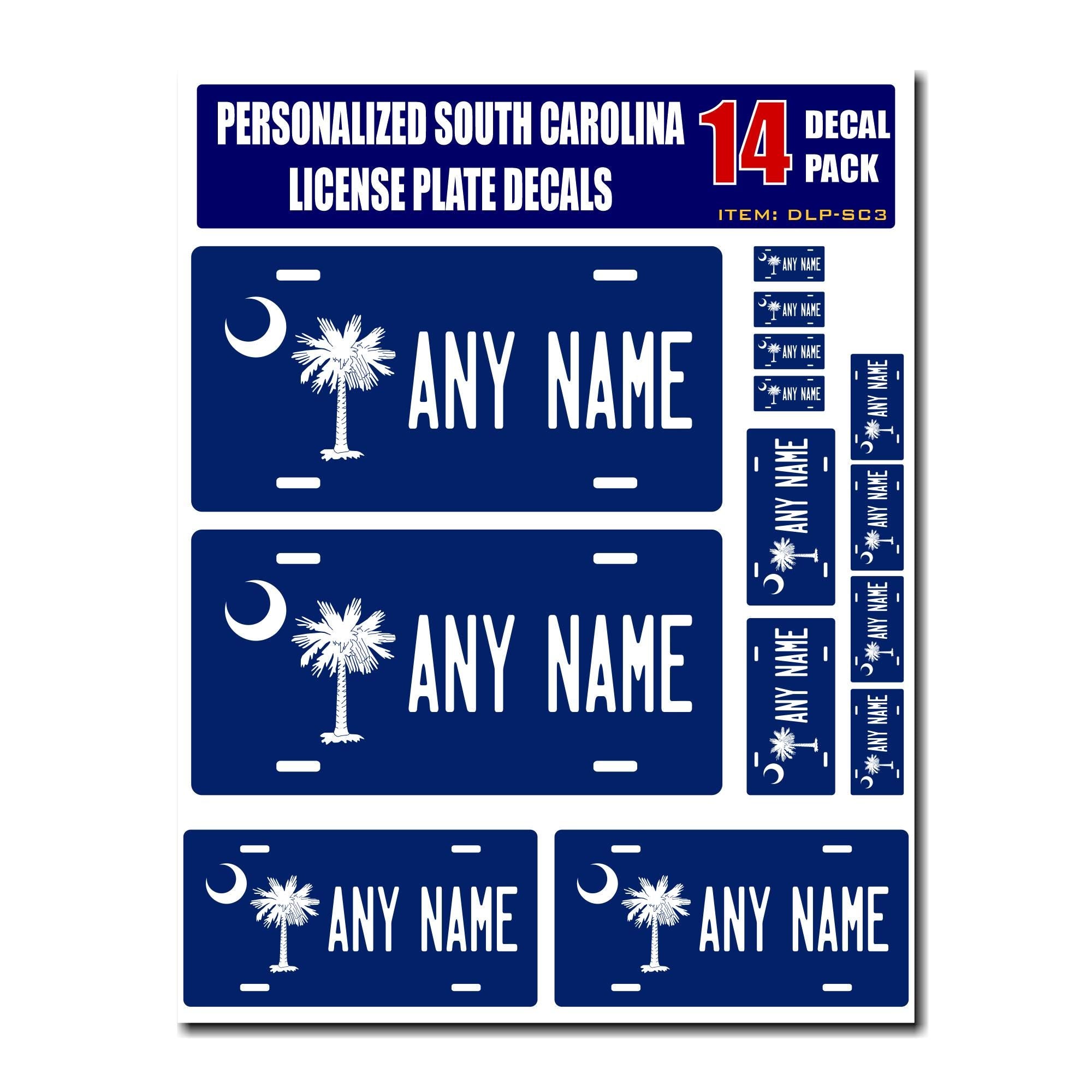 Personalized South Carolina License Plate Decals - Stickers Version 3 ( Sheet of 14 Stickers )