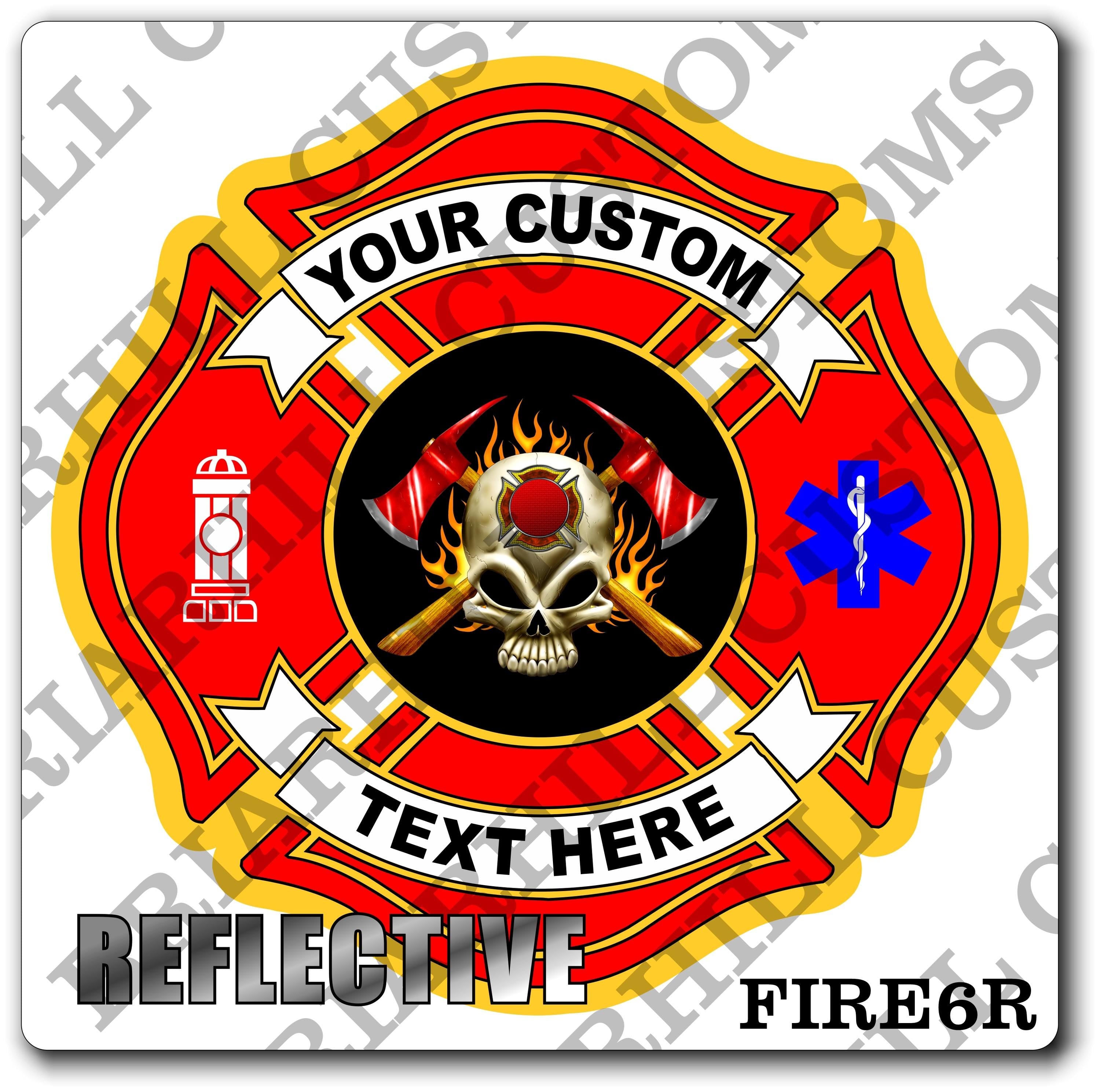 Custom Reflective Fire Department Skull & Axes Maltese Decal, Sticker (FireDecal6R)