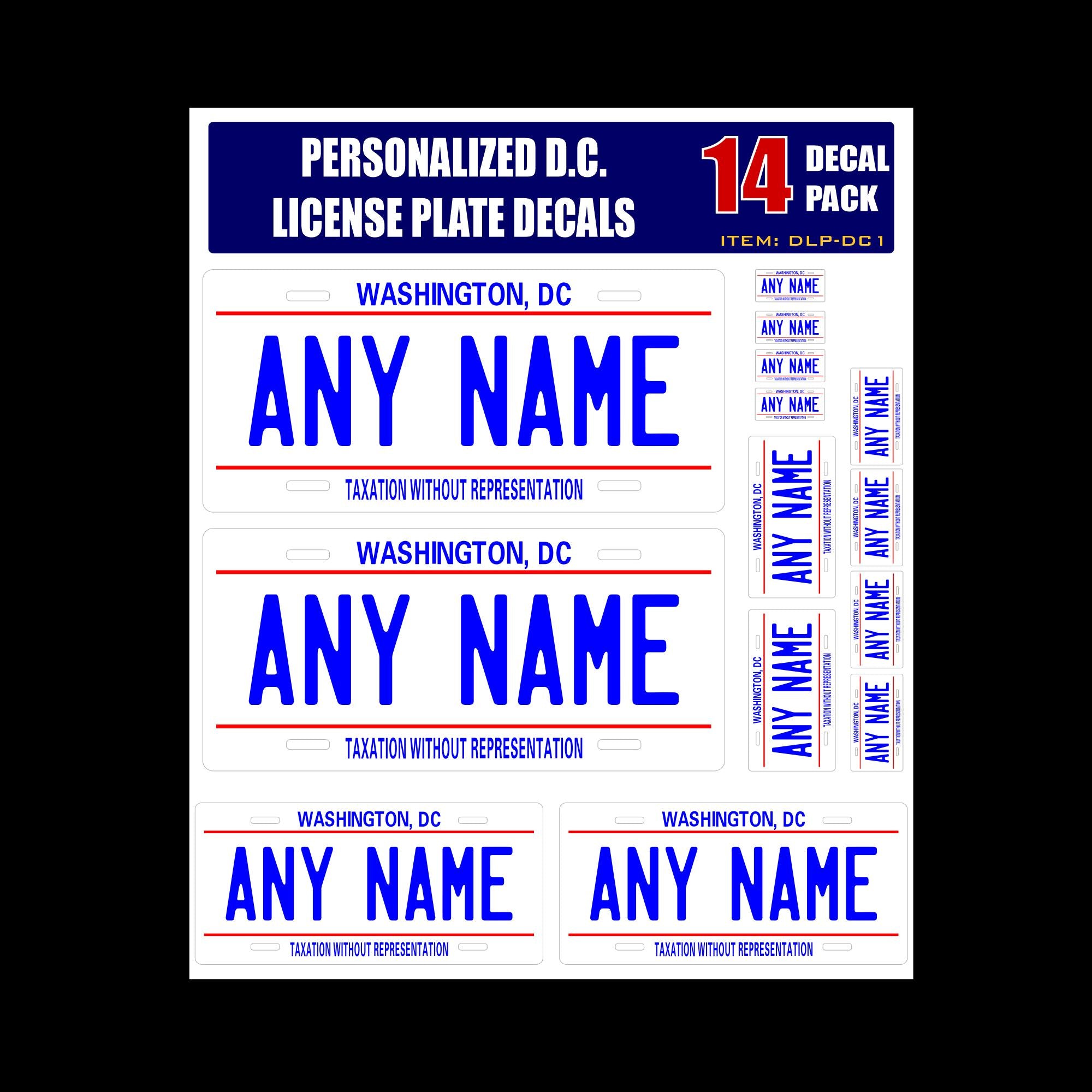 Personalized Washington DC License Plate Decals - Stickers Version 1 (Sheet of 14 Stickers)