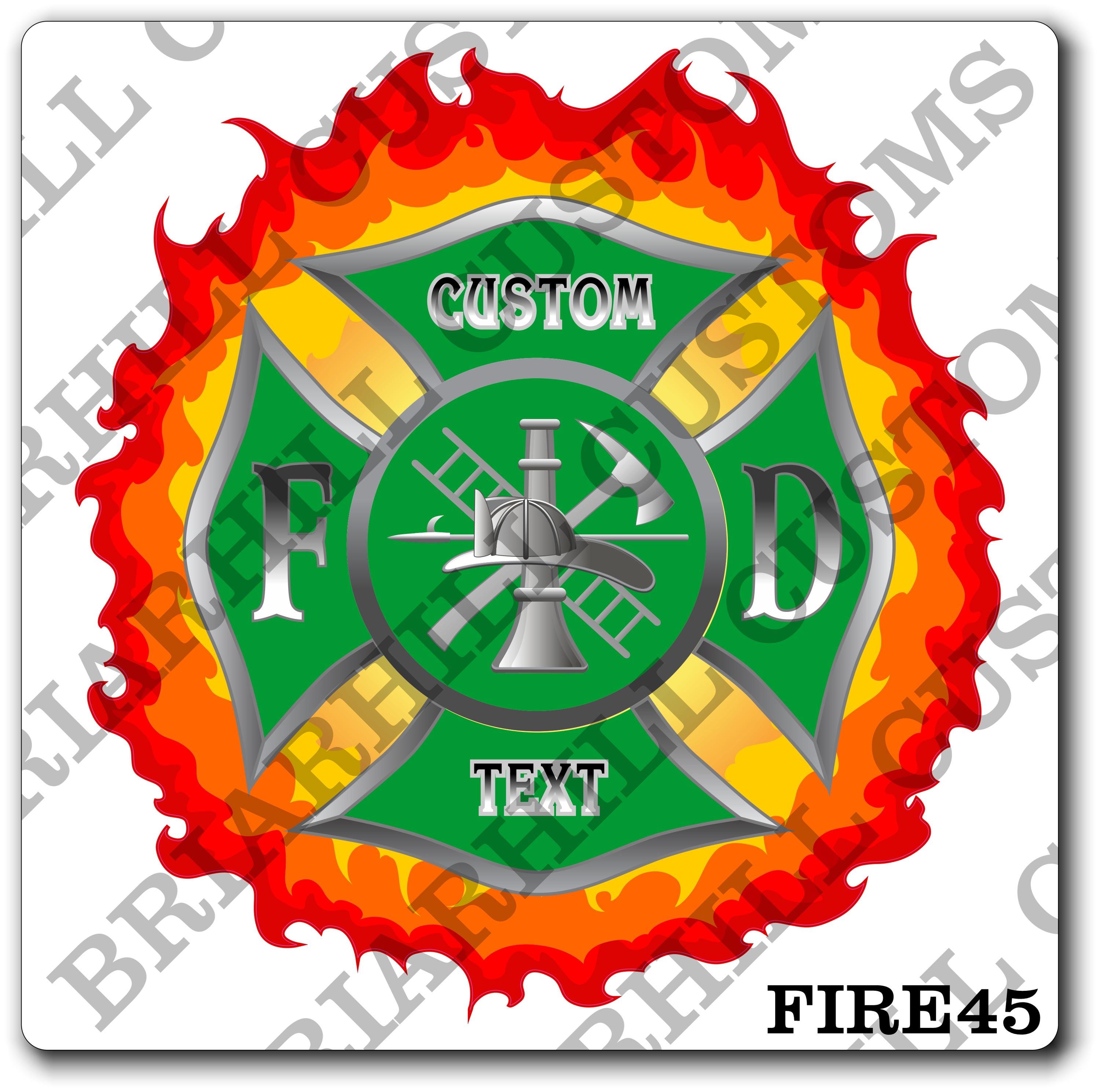 Custom Fire Department Green and Flames Maltese Decal, Sticker (FireDecal45)