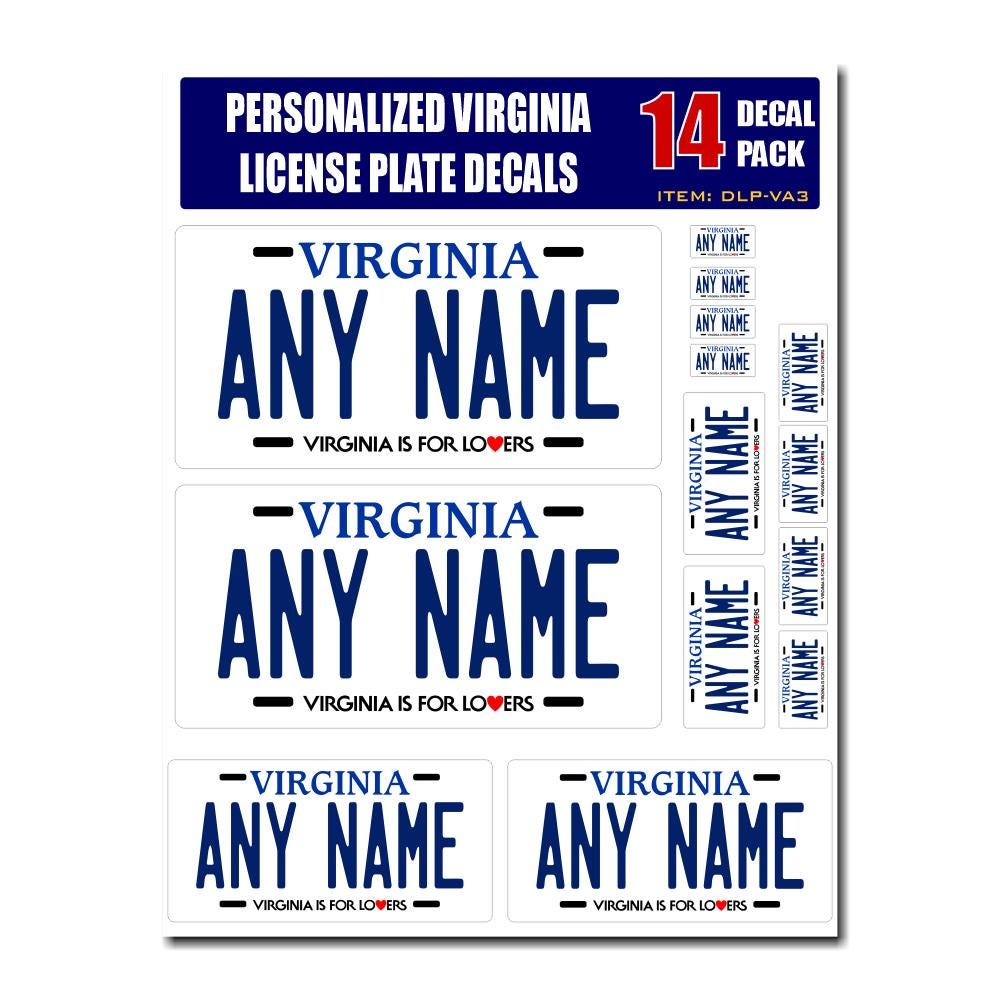 Personalized Virginia License Plate Decals - Stickers Version 3 ( Sheet of 14 Stickers )