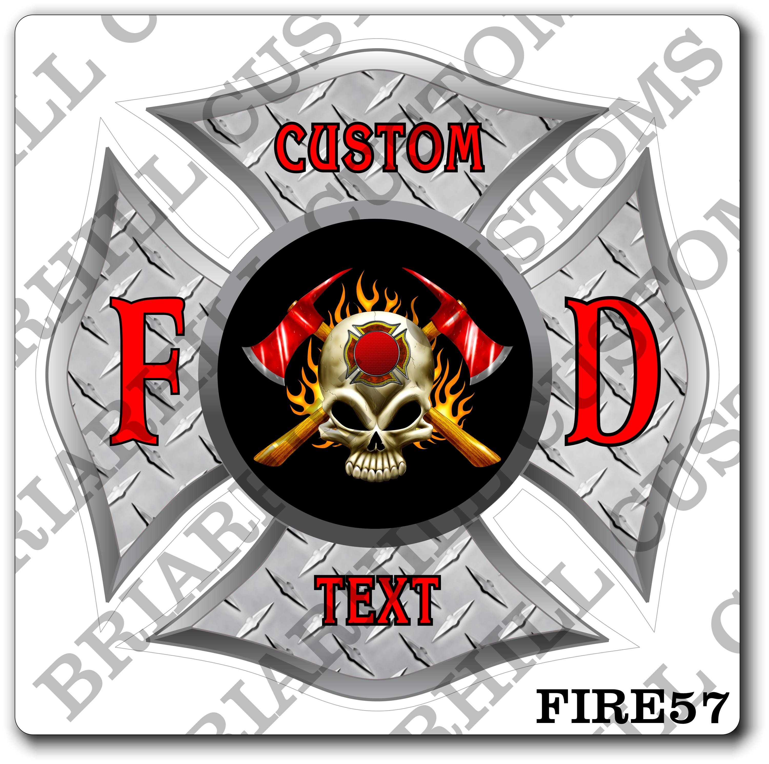 Custom Reflective Fire Department Diamond Plate Maltese with Skull and Axes Decal, Sticker (FireDecal57R)