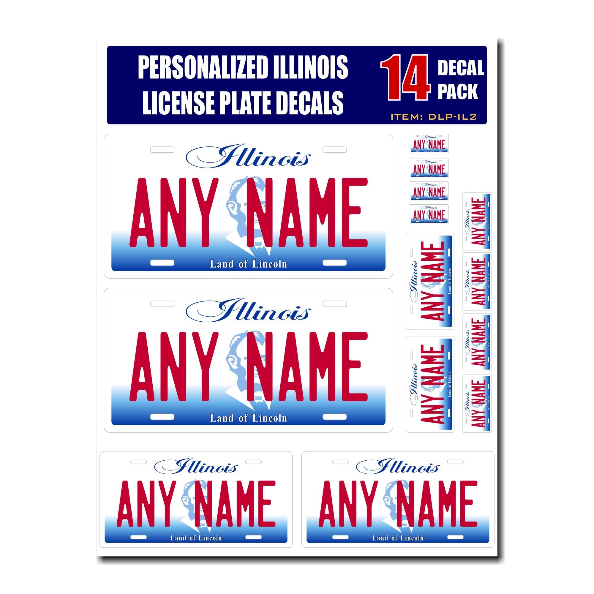 Personalized Illinois License Plate Decals - Stickers Version 2 ( Sheet of 14 Stickers )