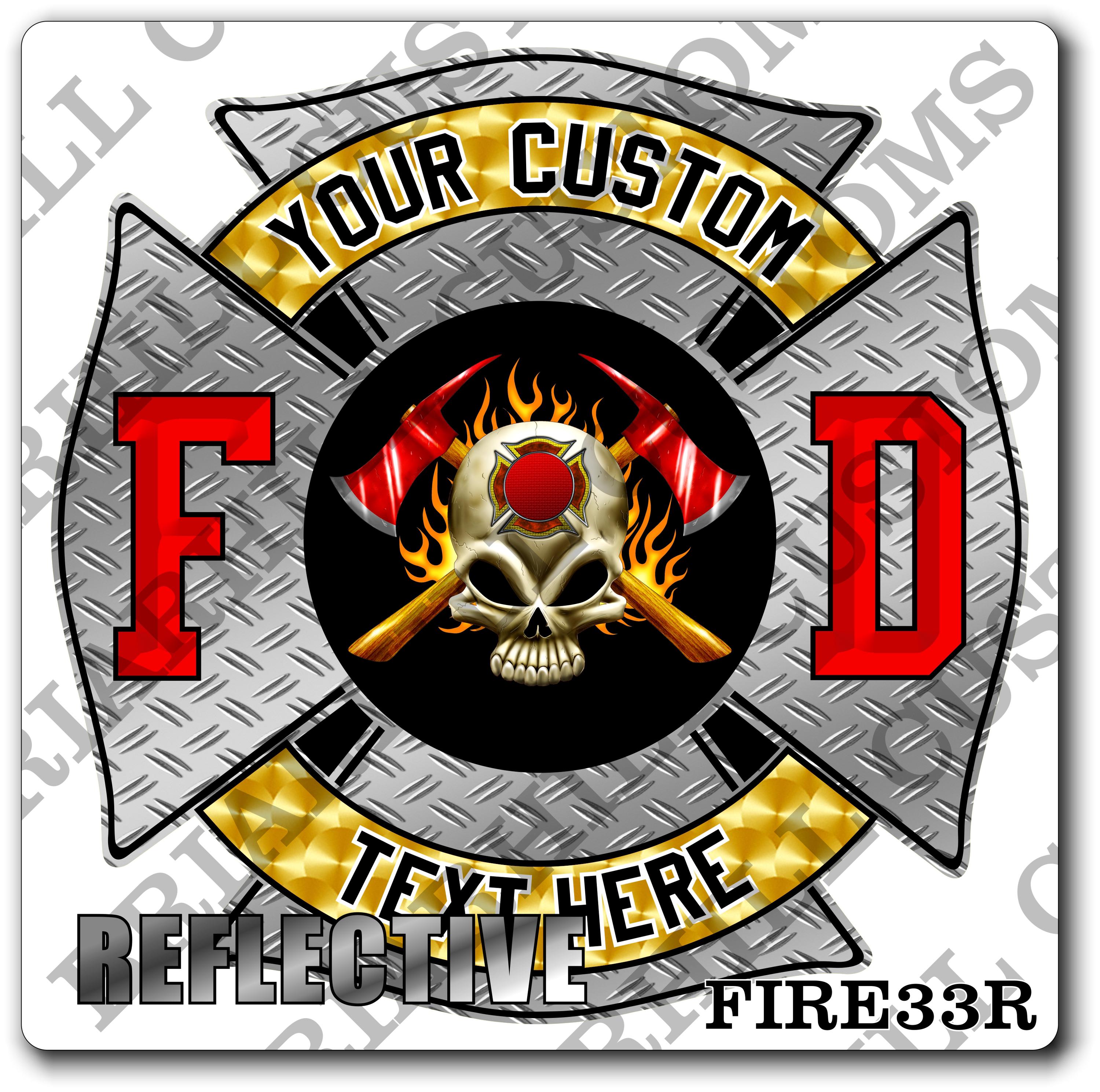 Custom Reflective Fire Department Flames Skull & Axes, Diamond Plate Maltese Decal, Sticker (FireDecal33R)