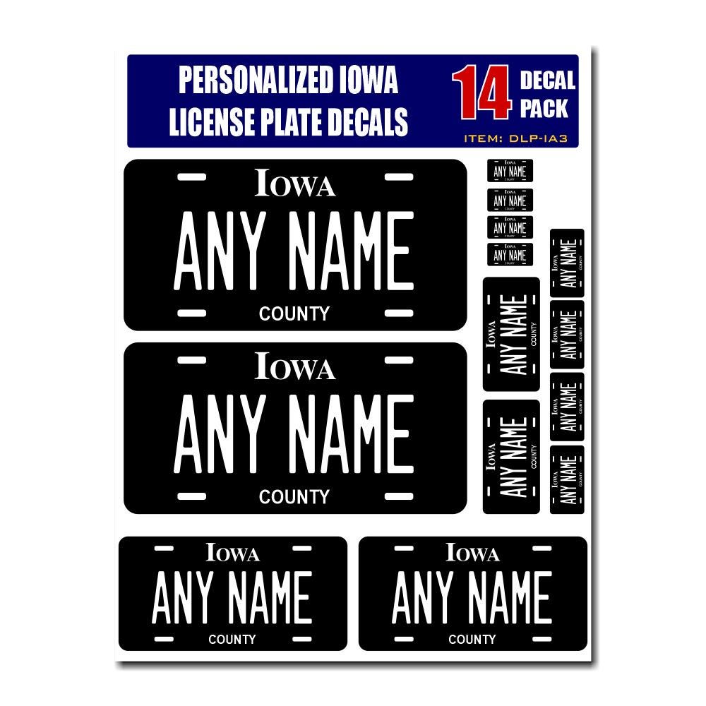 Personalized Iowa License Plate Decals - Stickers Version 3 ( Sheet of 14 Stickers )