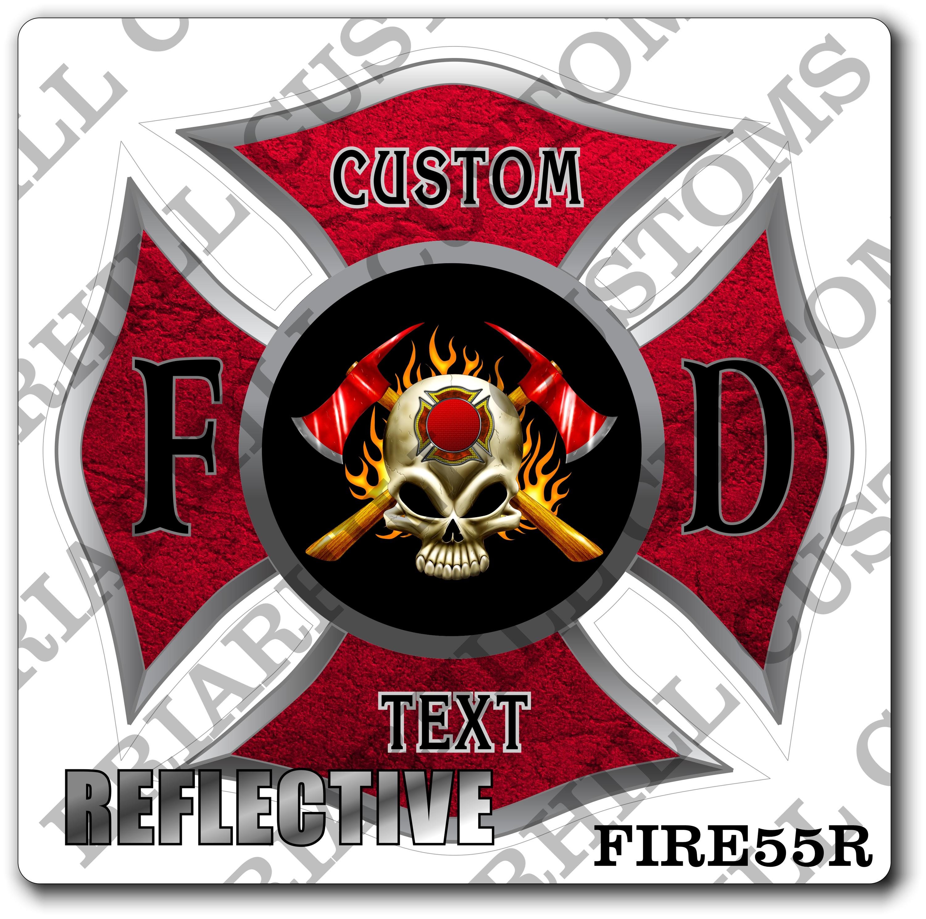 Custom Reflective Fire Department Red Maltese with Skull and Axes Decal, Sticker (FireDecal55R)