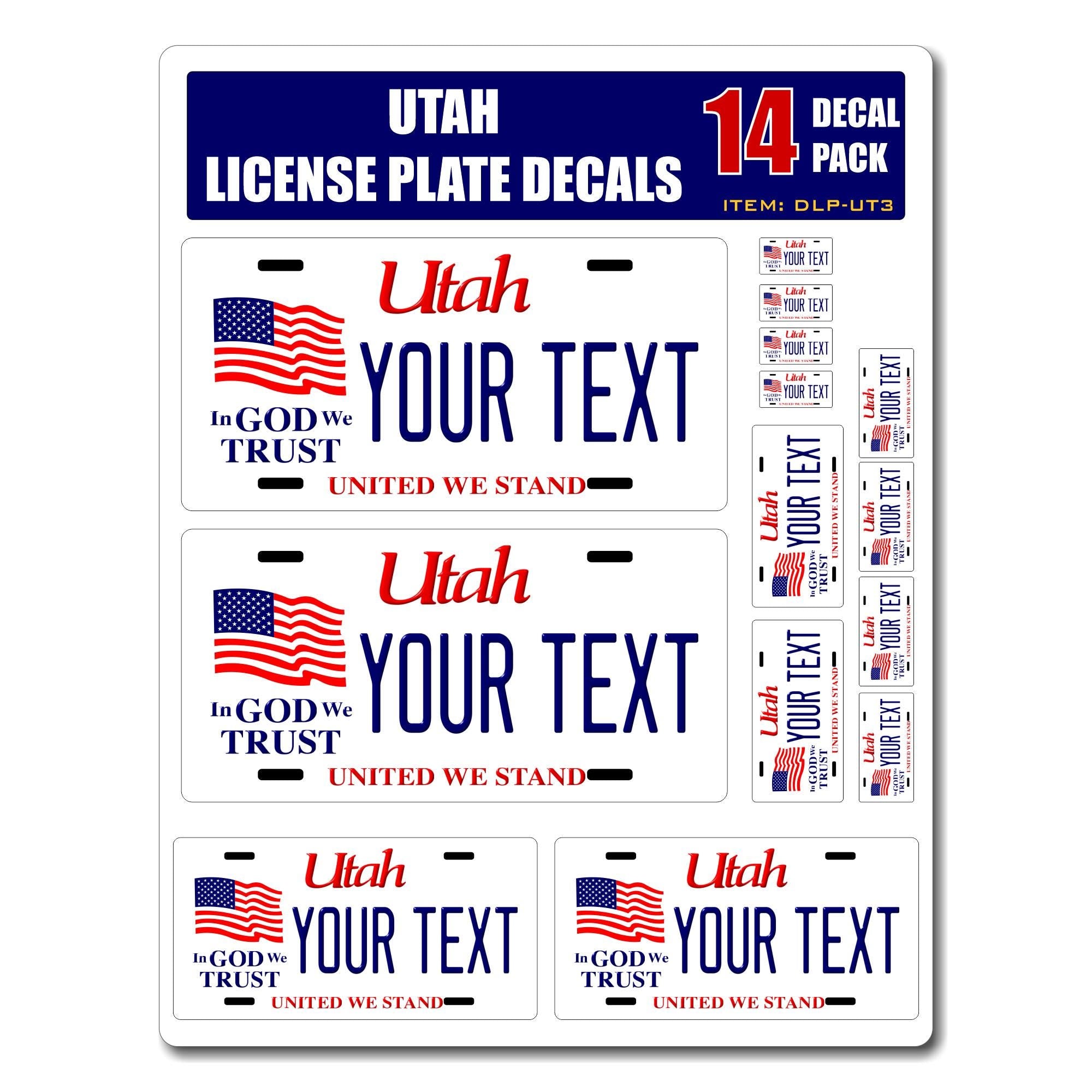 Personalized Utah License Plate Decals - Stickers Version 3 ( Sheet of 14 Stickers )