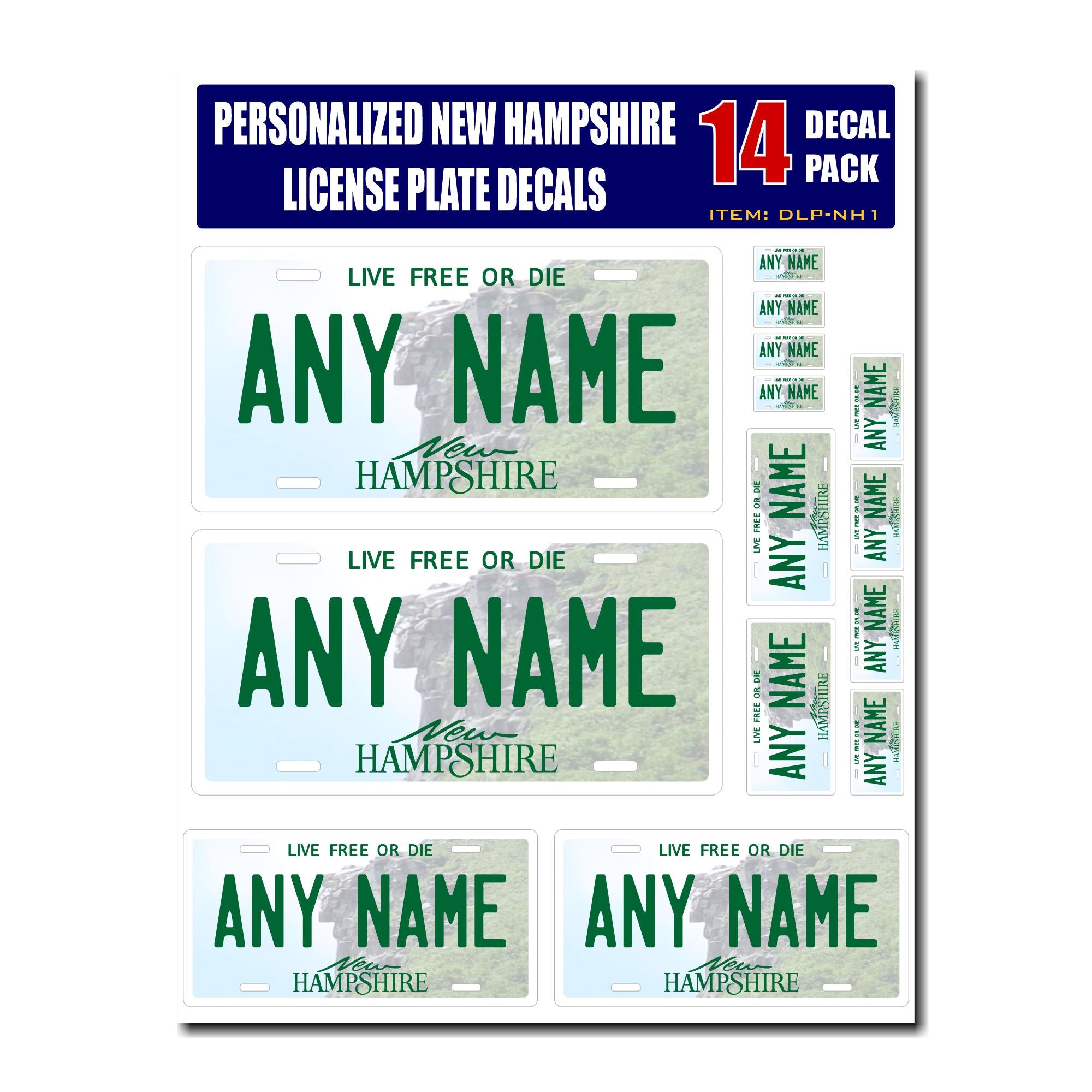 Personalized New Hampshire License Plate Decals - Stickers Version 1 ( Sheet of 14 Stickers )