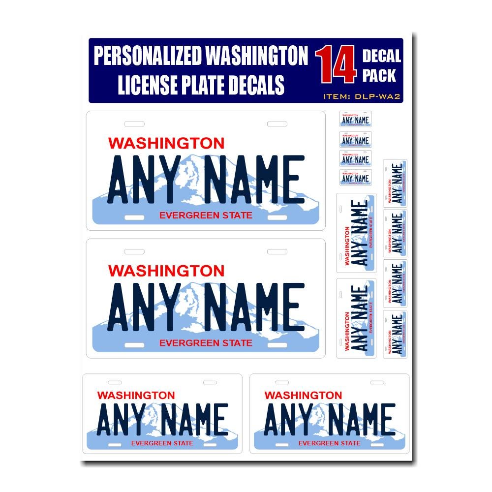 Personalized Washington License Plate Decals - Stickers Version 2 ( Sheet of 14 Stickers )