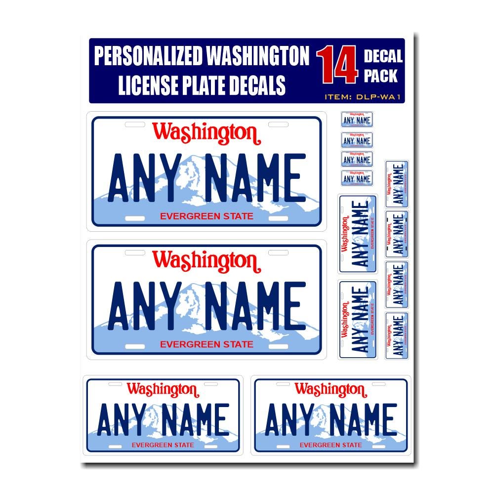 Personalized Washington License Plate Decals - Stickers Version 1 ( Sheet of 14 Stickers )