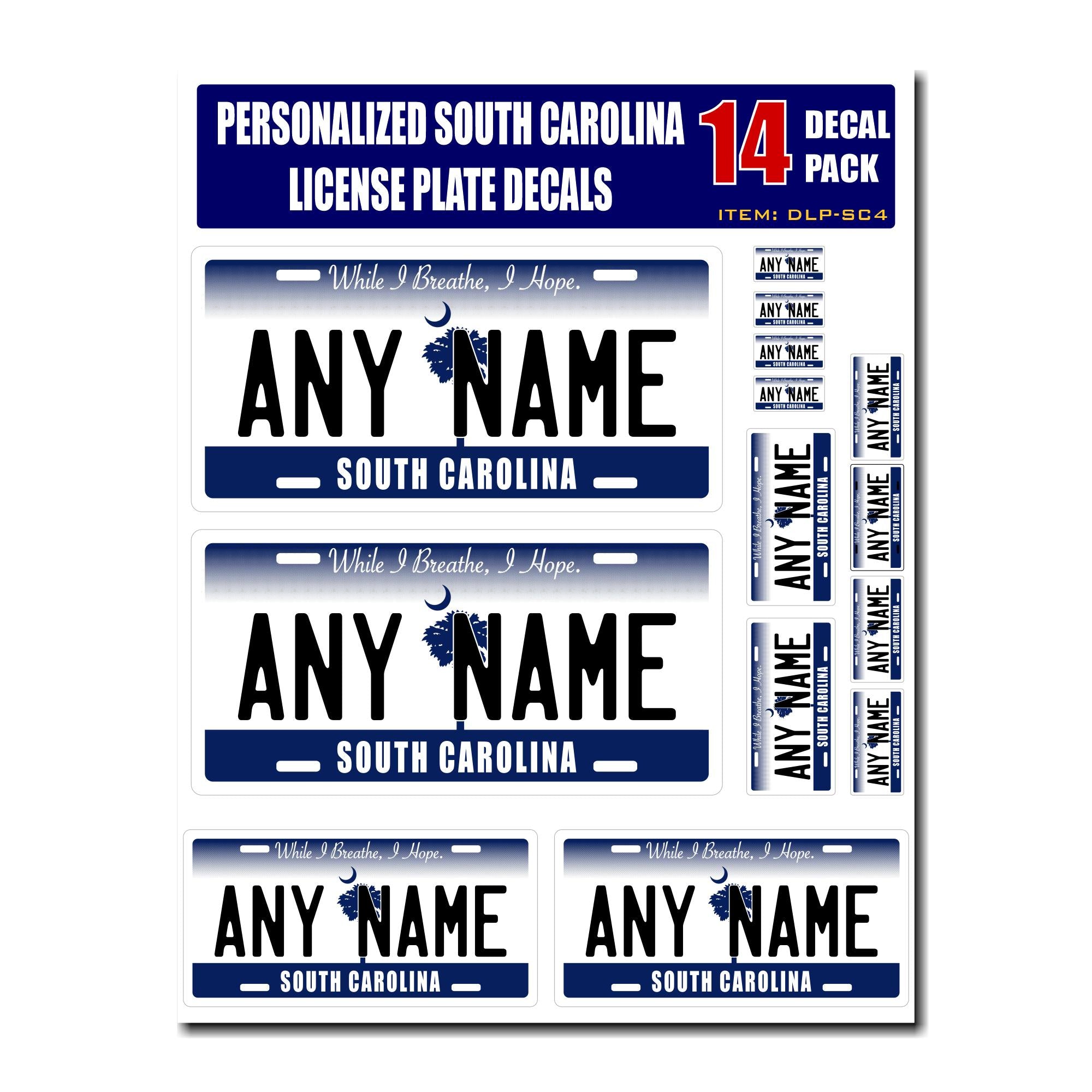 Personalized South Carolina License Plate Decals - Stickers Version 4 ( Sheet of 14 Stickers )