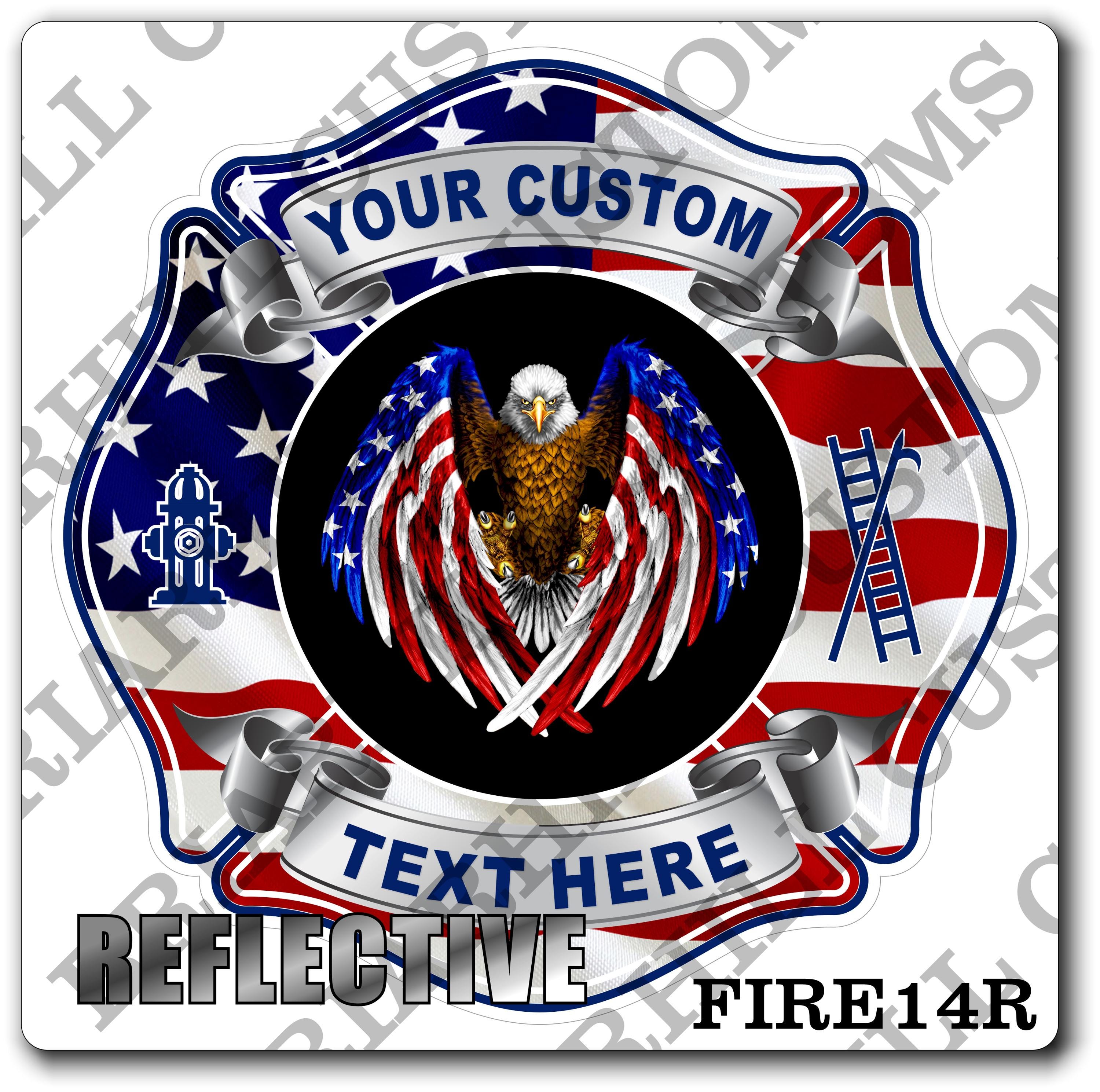 Custom Reflective Fire Department American Flag Eagle Maltese Decal, Sticker (FireDecal14R)