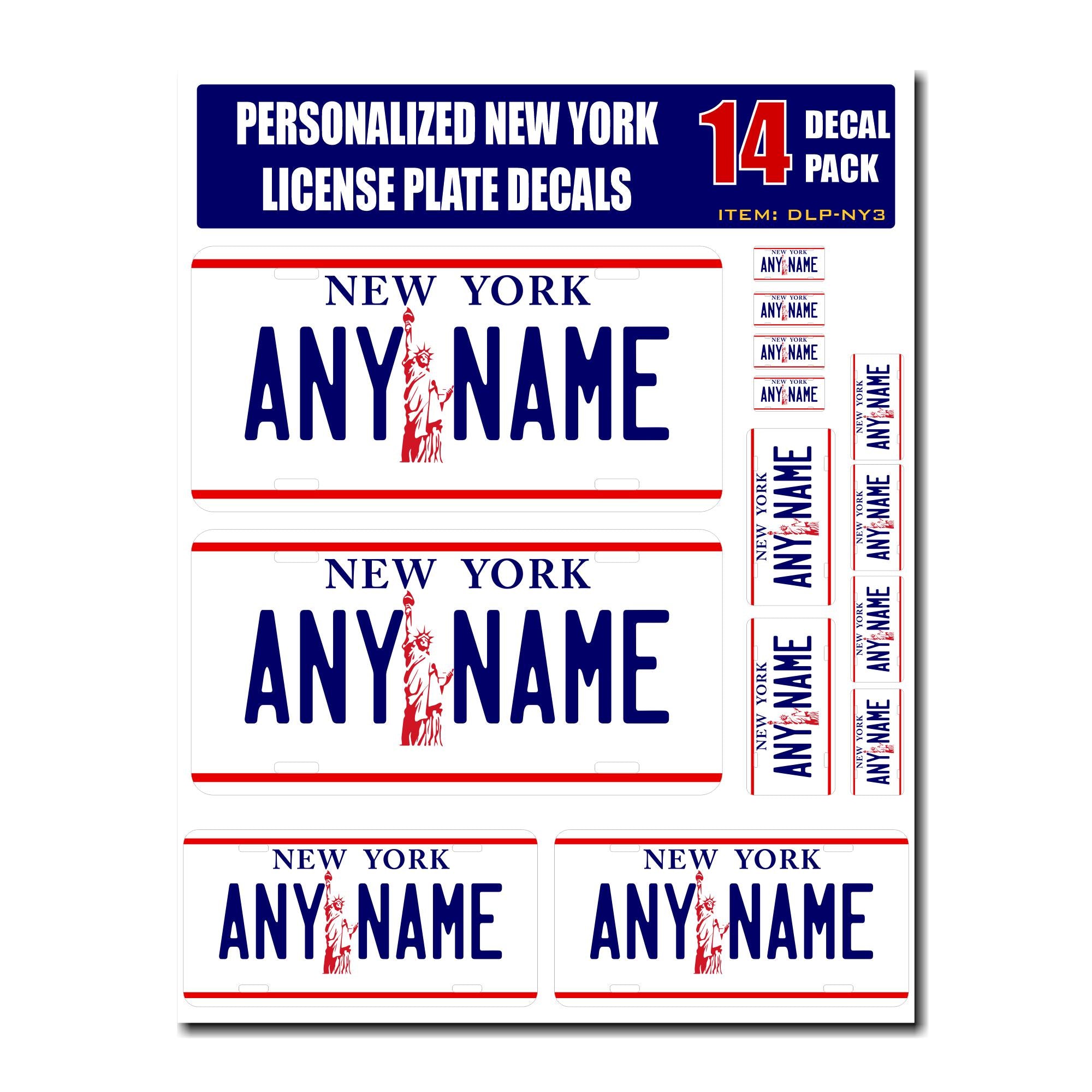 Personalized New York License Plate Decals - Stickers Version 3 ( Sheet of 14 Stickers )