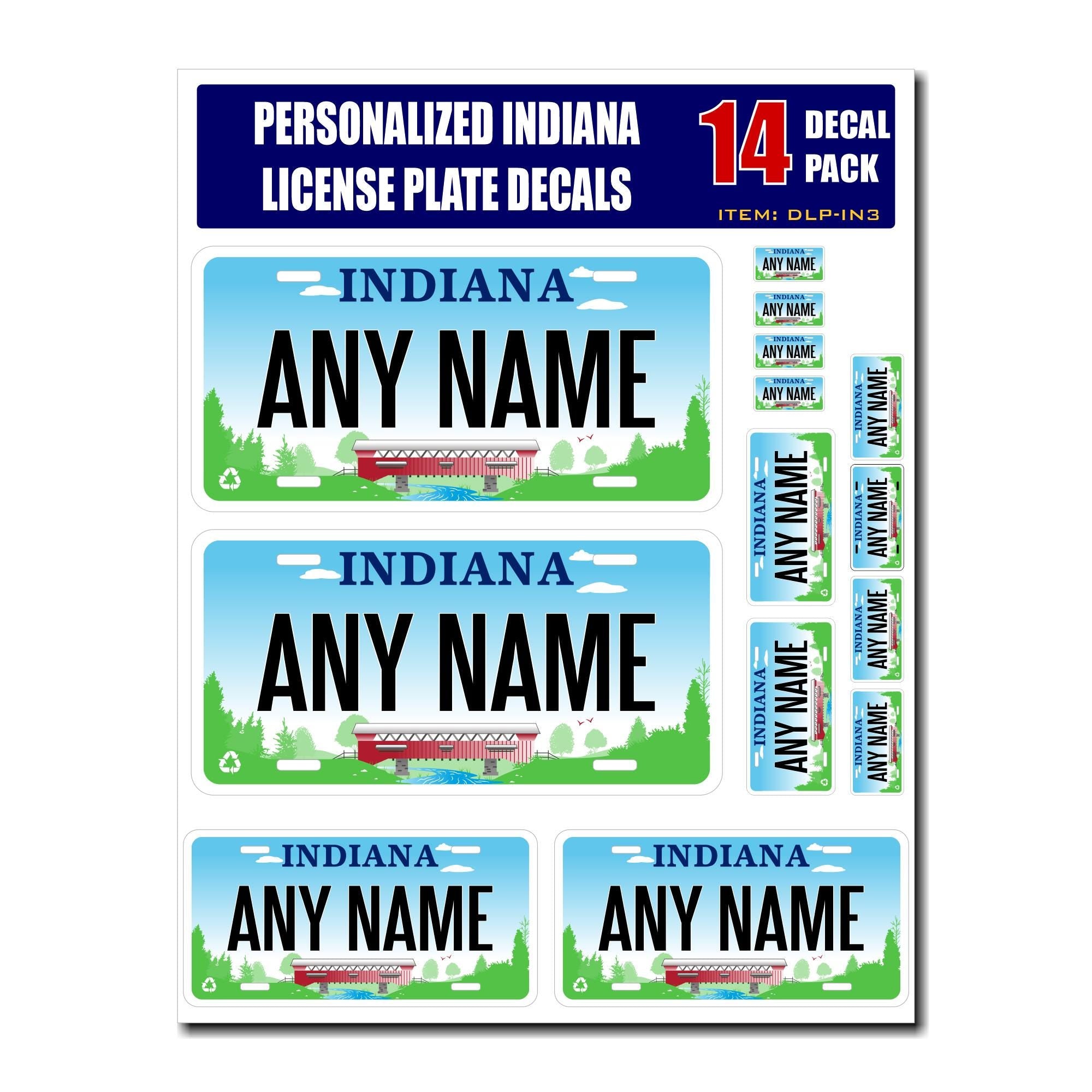 Personalized Indiana License Plate Decals - Stickers Version 3 ( Sheet of 14 Stickers )