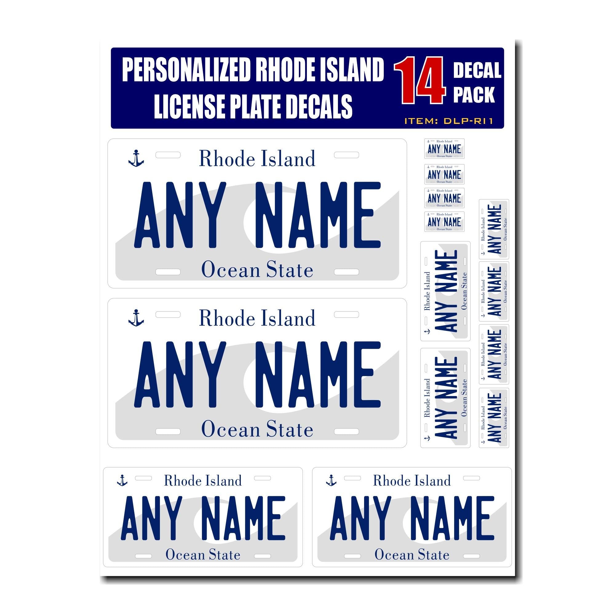 Personalized Rhode Island License Plate Decals - Stickers Version 1 ( Sheet of 14 Stickers )