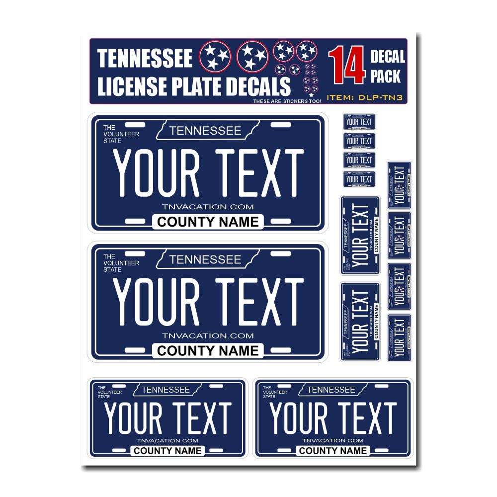 Personalized Tennessee License Plate Decals - Stickers Version 3 ( Sheet of 14 Stickers )