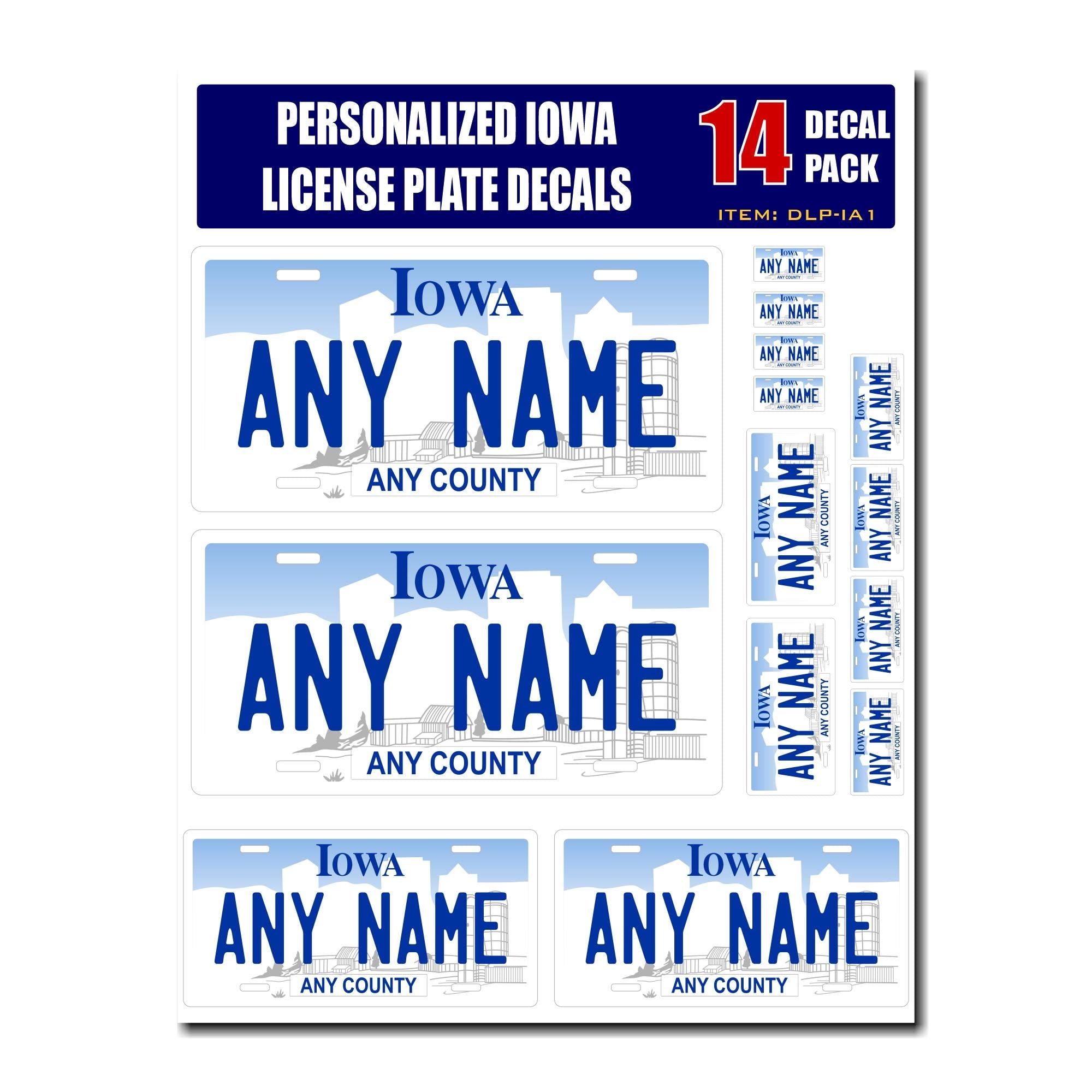 Personalized Iowa License Plate Decals - Stickers Version 1 ( Sheet of 14 Stickers )