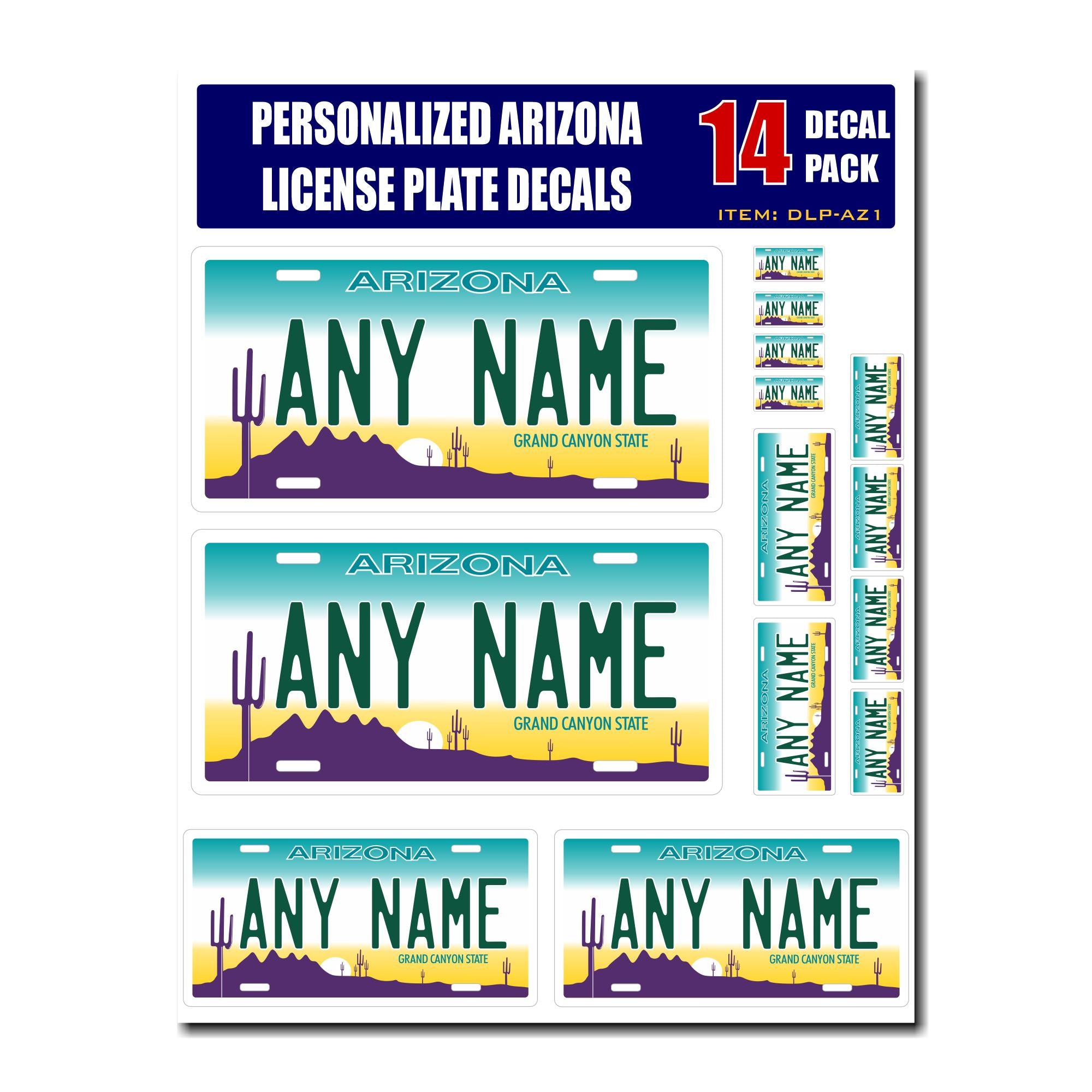 Personalized Arizona License Plate Decals - Stickers Version 1 ( Sheet of 14 Stickers )