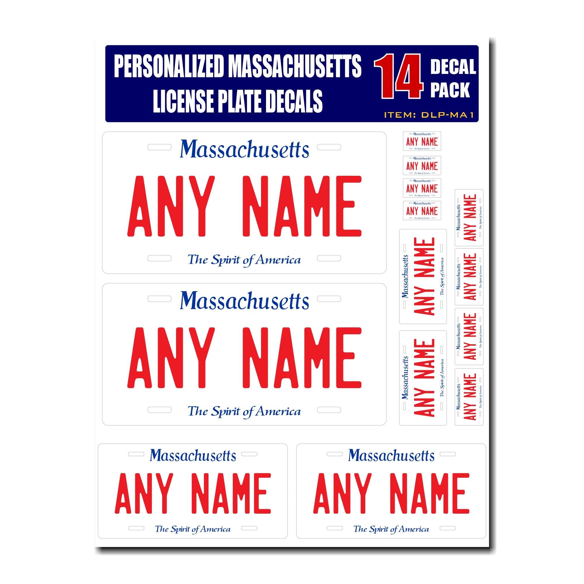 Personalized Massachusetts License Plate Decals - Stickers Version 1 ( Sheet of 14 Stickers )