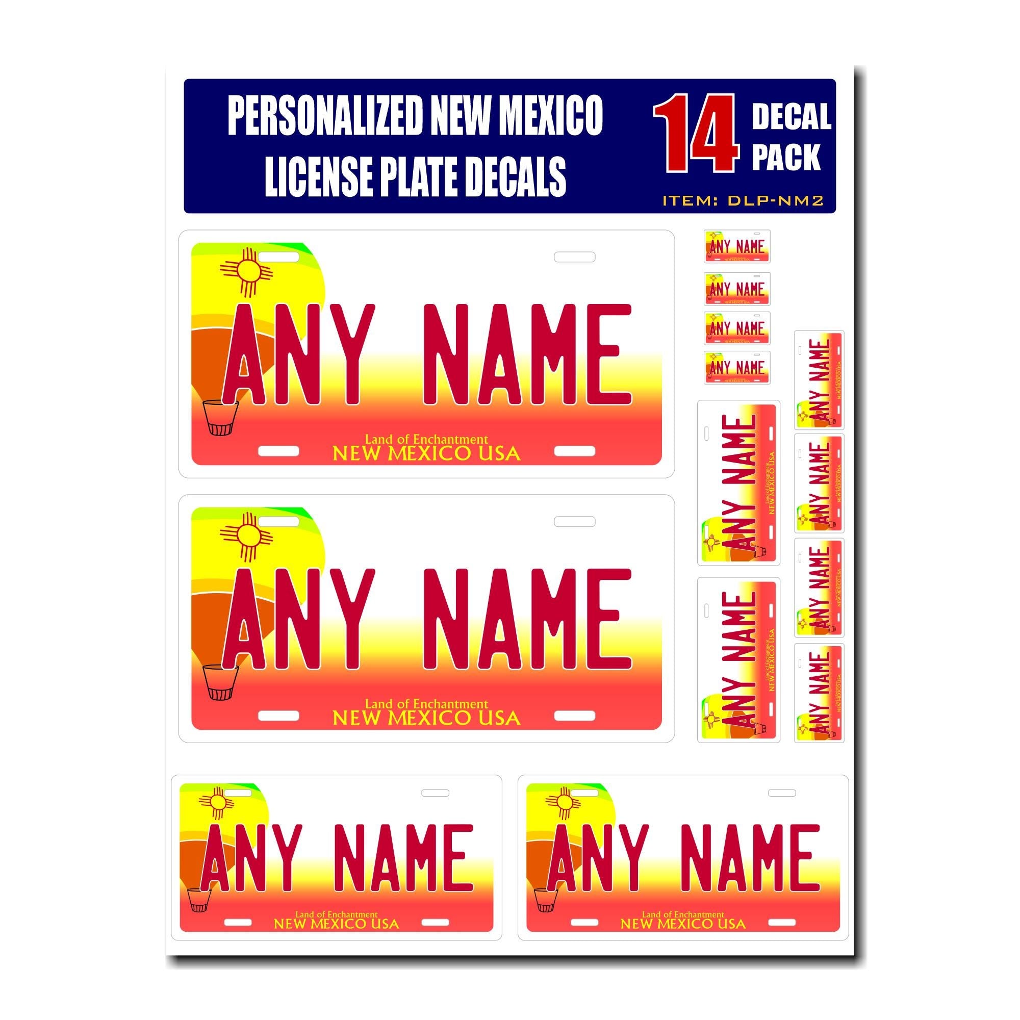 Personalized New Mexico License Plate Decals - Stickers Version 2 ( Sheet of 14 Stickers )