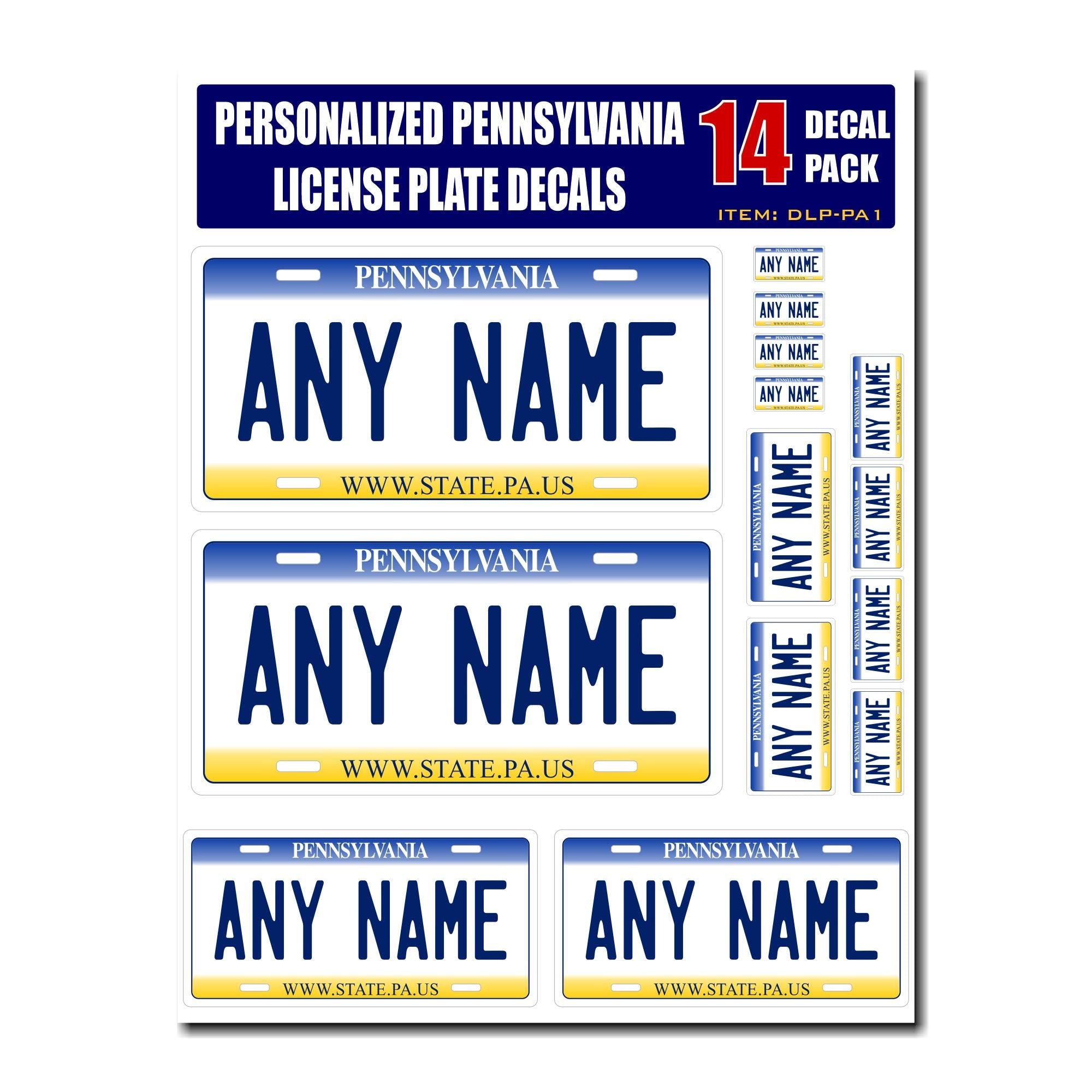 Personalized Pennsylvania License Plate Decals - Stickers Version 1 ( Sheet of 14 Stickers )