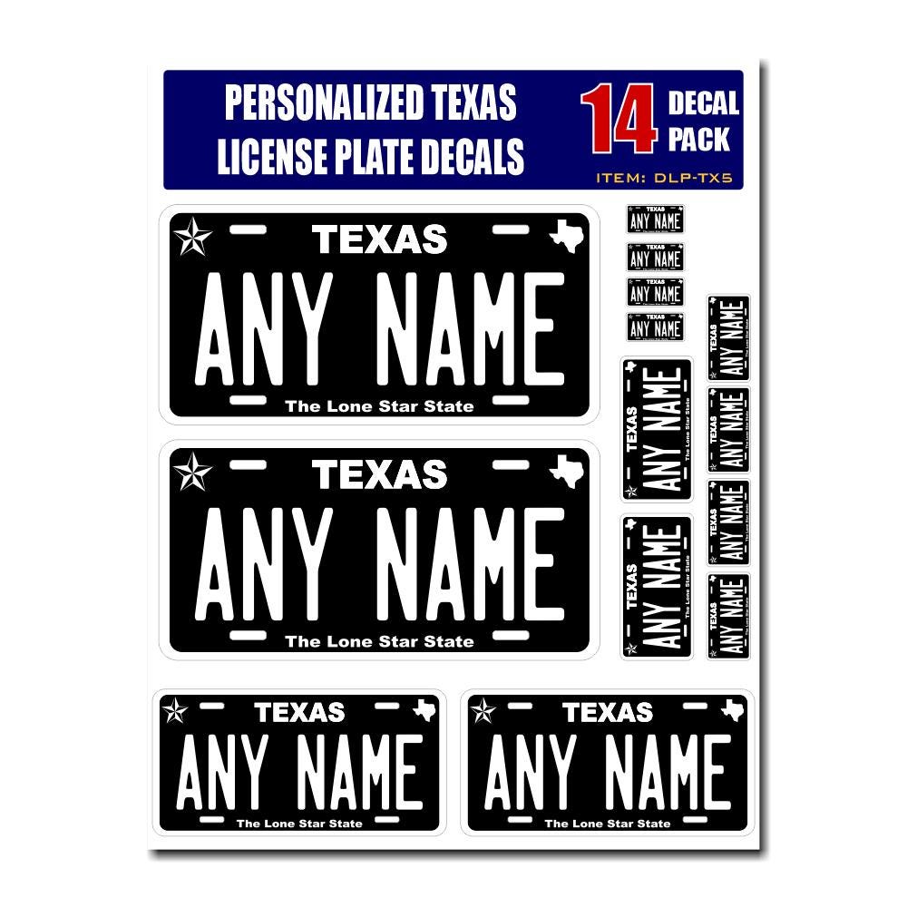 Personalized Texas License Plate Decals - Stickers Version 5 ( Sheet of 14 Stickers )