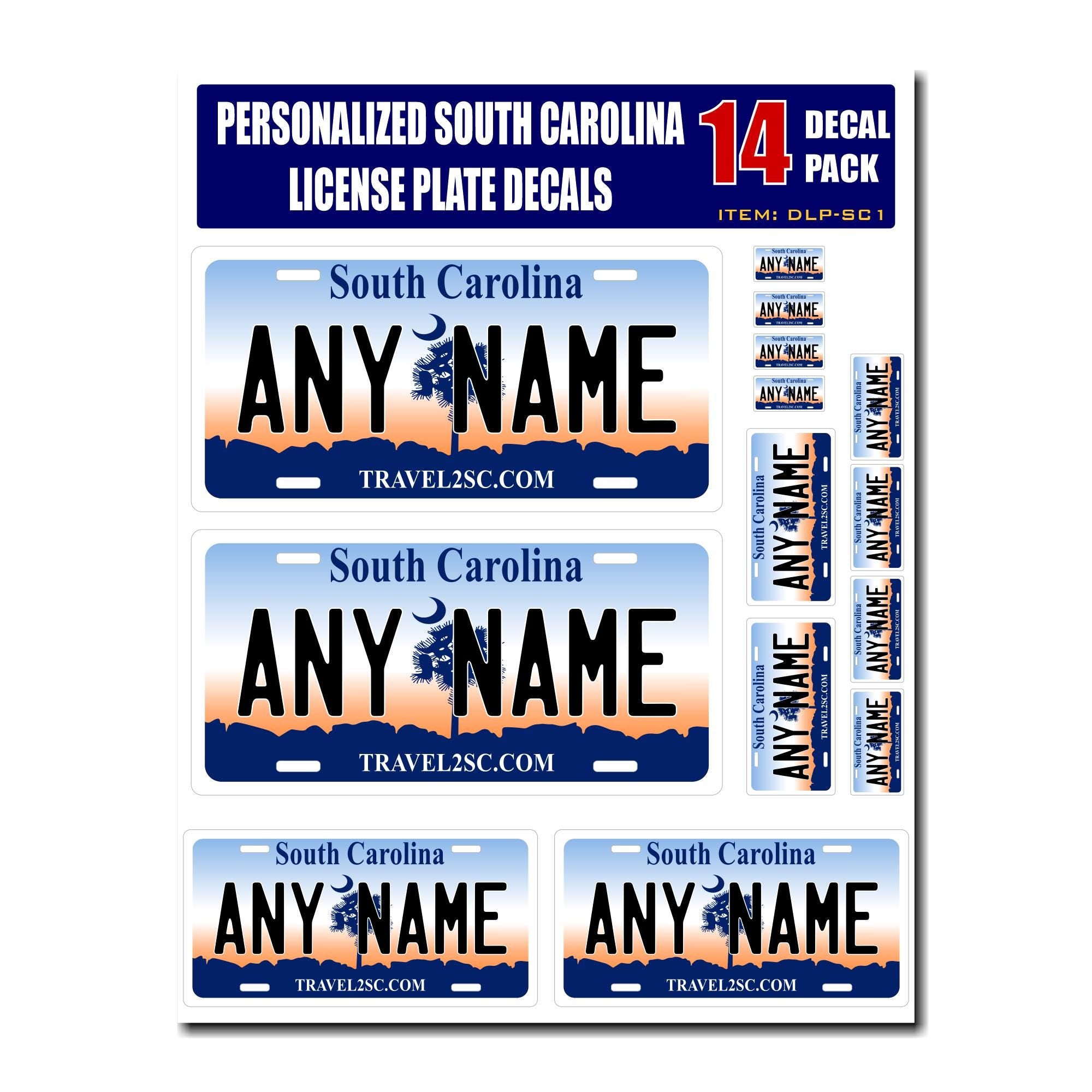 Personalized South Carolina License Plate Decals - Stickers Version 1 ( Sheet of 14 Stickers )