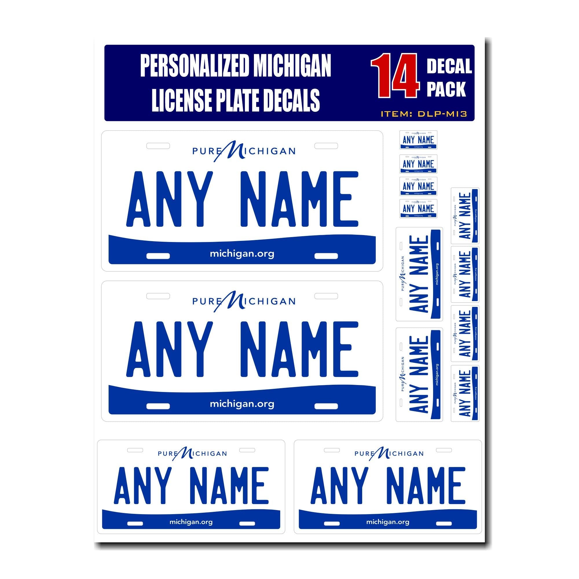 Personalized Michigan License Plate Decals - Stickers Version 3 ( Sheet of 14 Stickers )